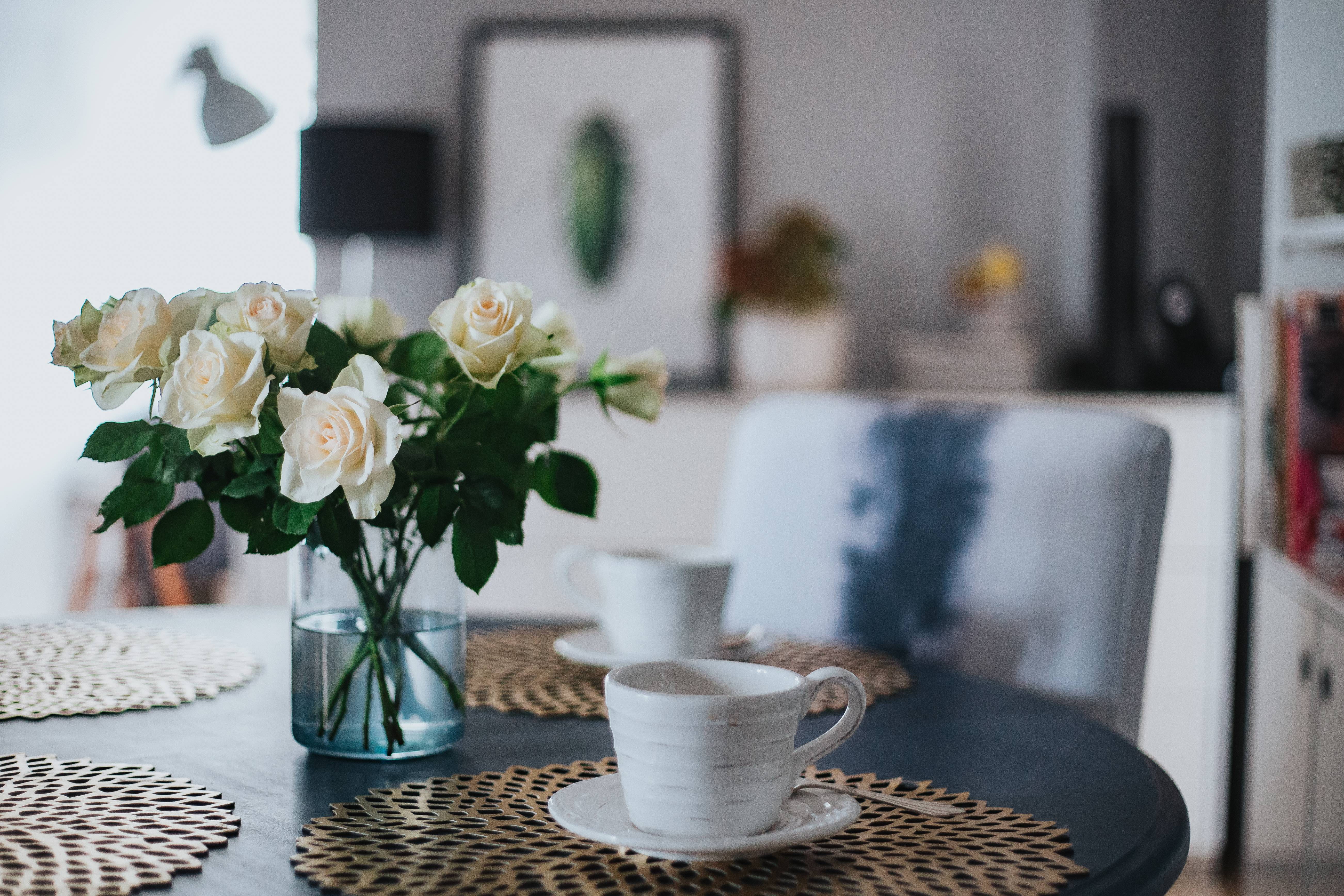 cup, flower head, nature, plant, mug, flower, decor, focus on foreground, mat, table, flowers, no People, home Interior, design, 5K, bouquet, white, coffee table, HD Wallpaper