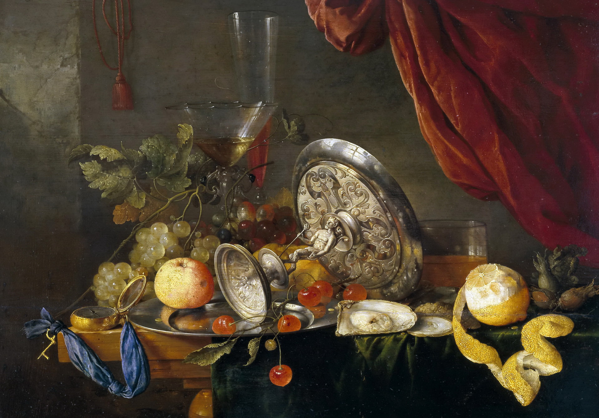 Still life, picture, 1080P, grapes, Jan Davidsz de Heem, Apple, lemon, vase, HD Wallpaper