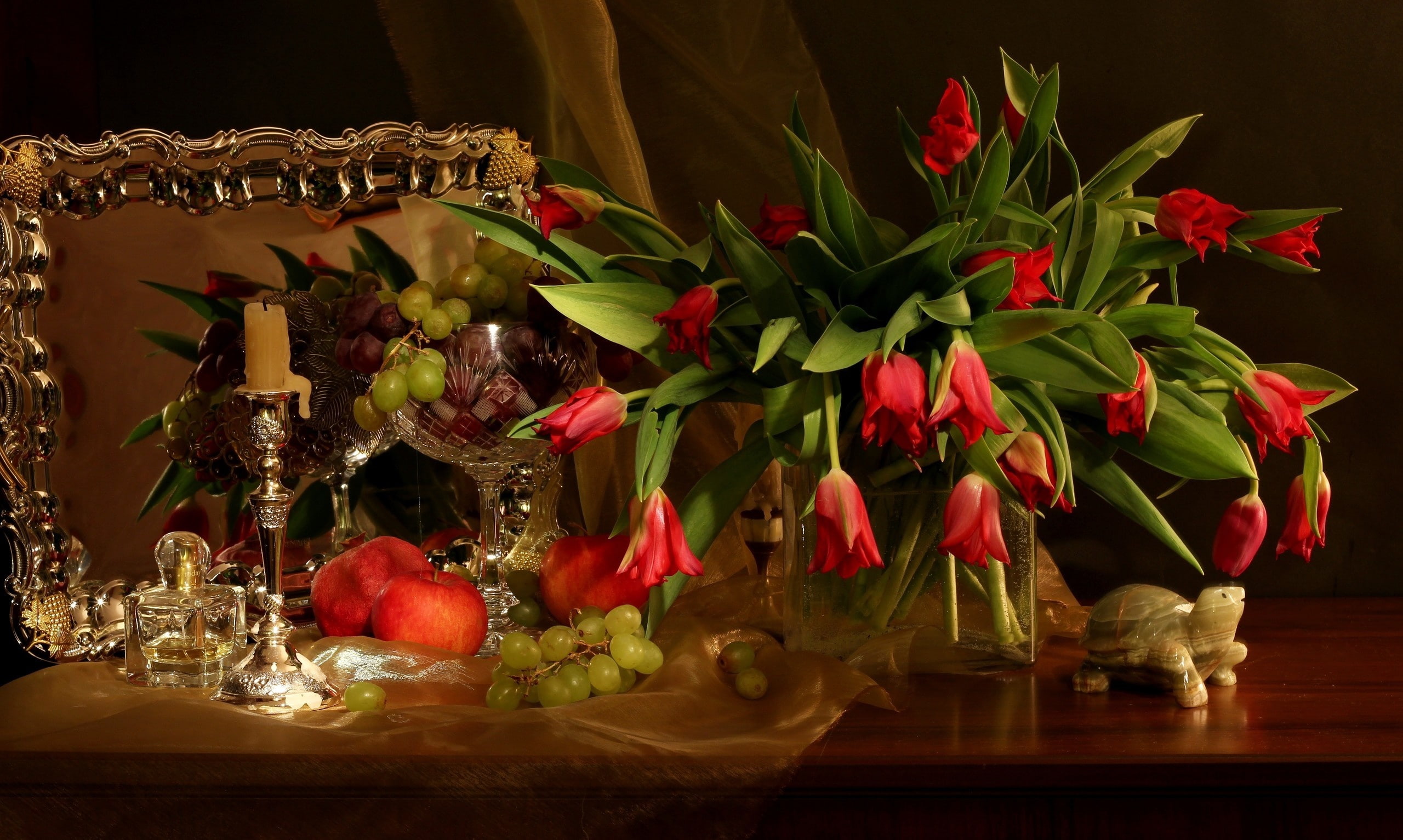 still life, flowers, vase, bouquet, apples, garnet, grapes, table, 2K, red, candle, mirror, tulips, tablecloth, HD Wallpaper