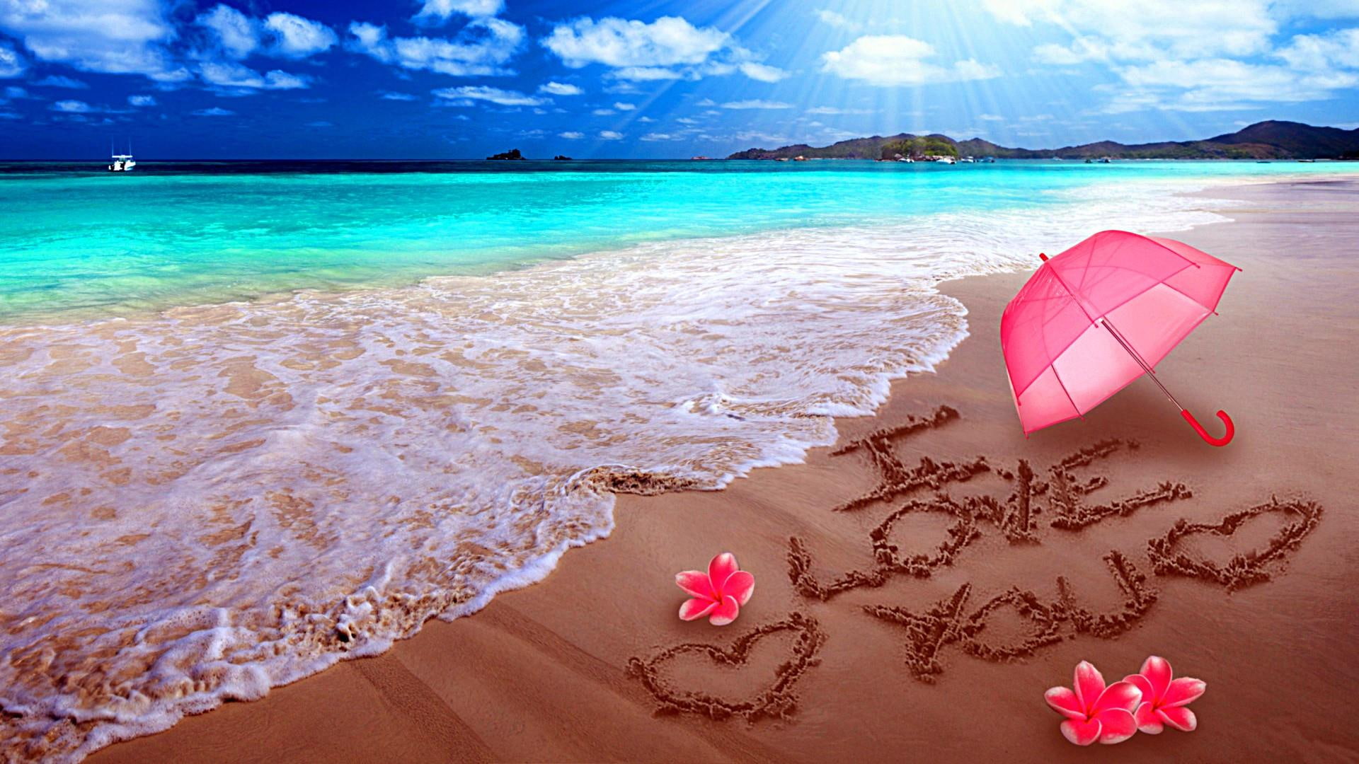 art, umbrella, seashore, i love you, heart, sun, love, 1080P, sandy, HD Wallpaper