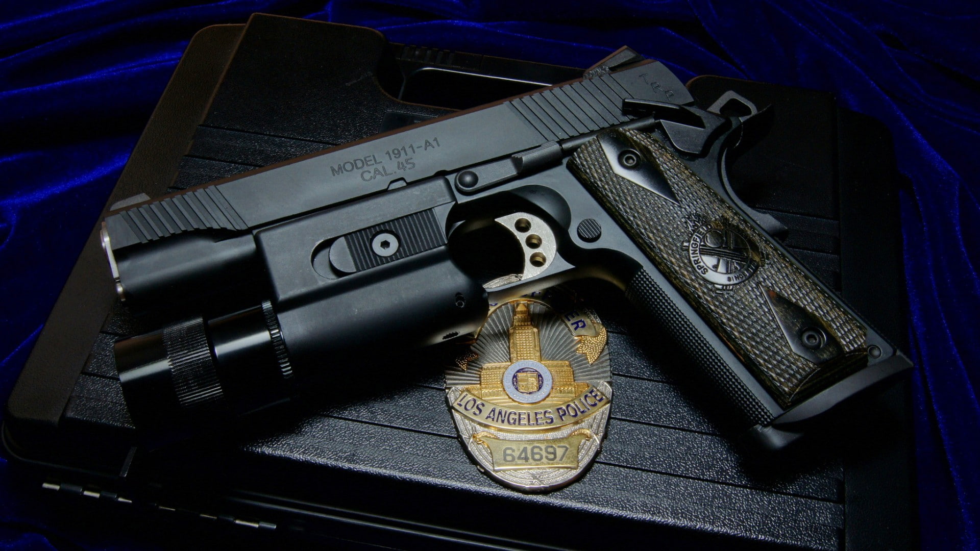 CAL. 45, weapon, badge, 1080P, M1911, gun, police, HD Wallpaper