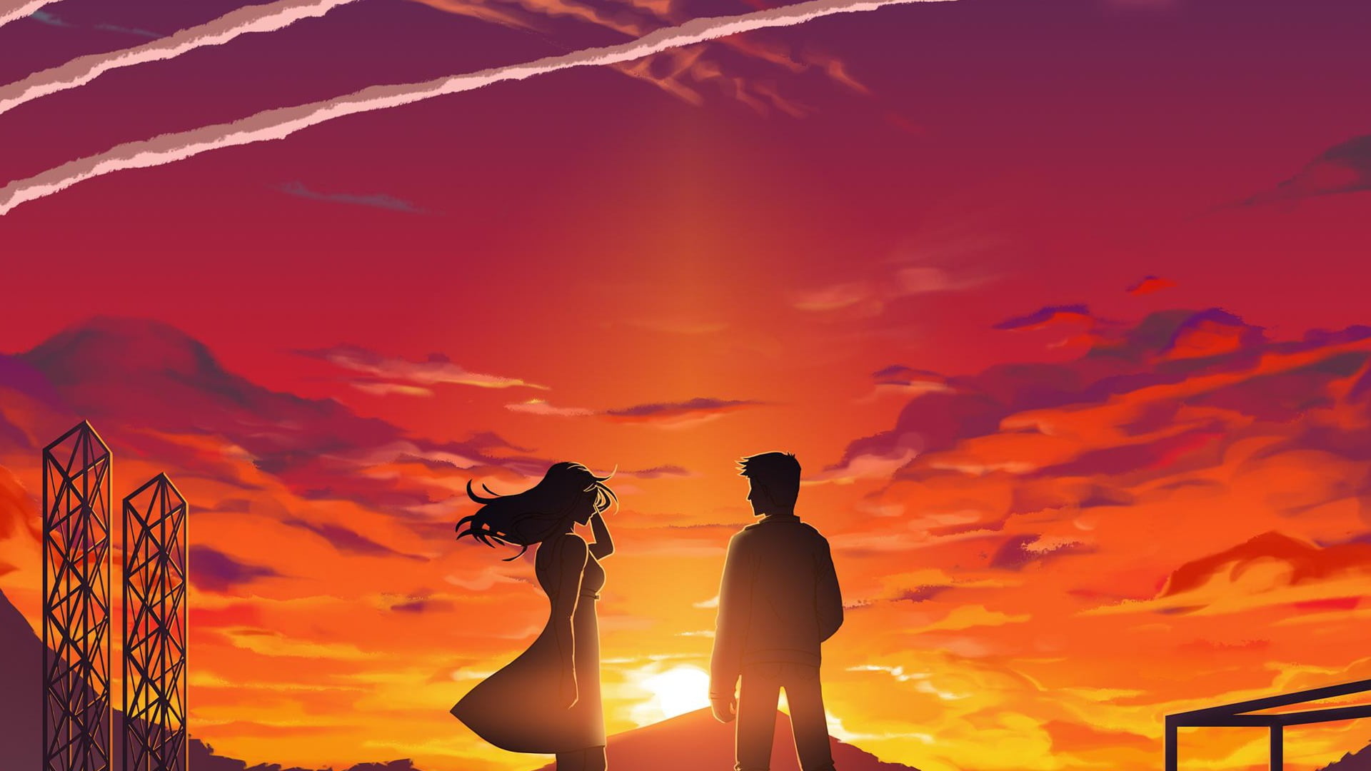 1080P, artwork, orange color, leisure activity, people, adult, sunset, nature, cloud - sky, silhouette, sky, couple - relationship, digital, lifestyles, HD Wallpaper