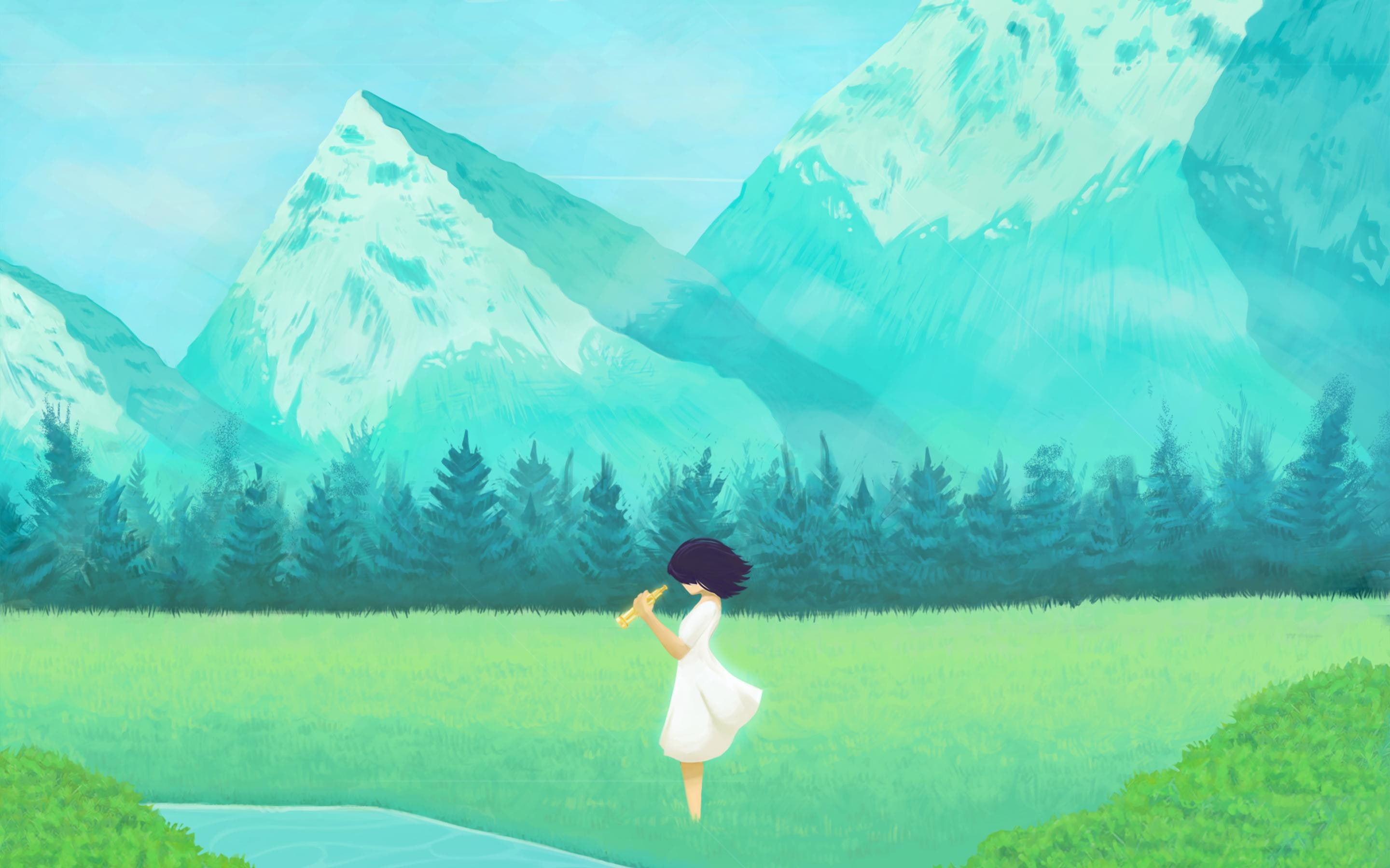 green color, mountain, full length, artwork, lifestyles, grass, standing, leisure activity, plant, women, rear view, tranquility, real people, nature, Monstercat, HD Wallpaper