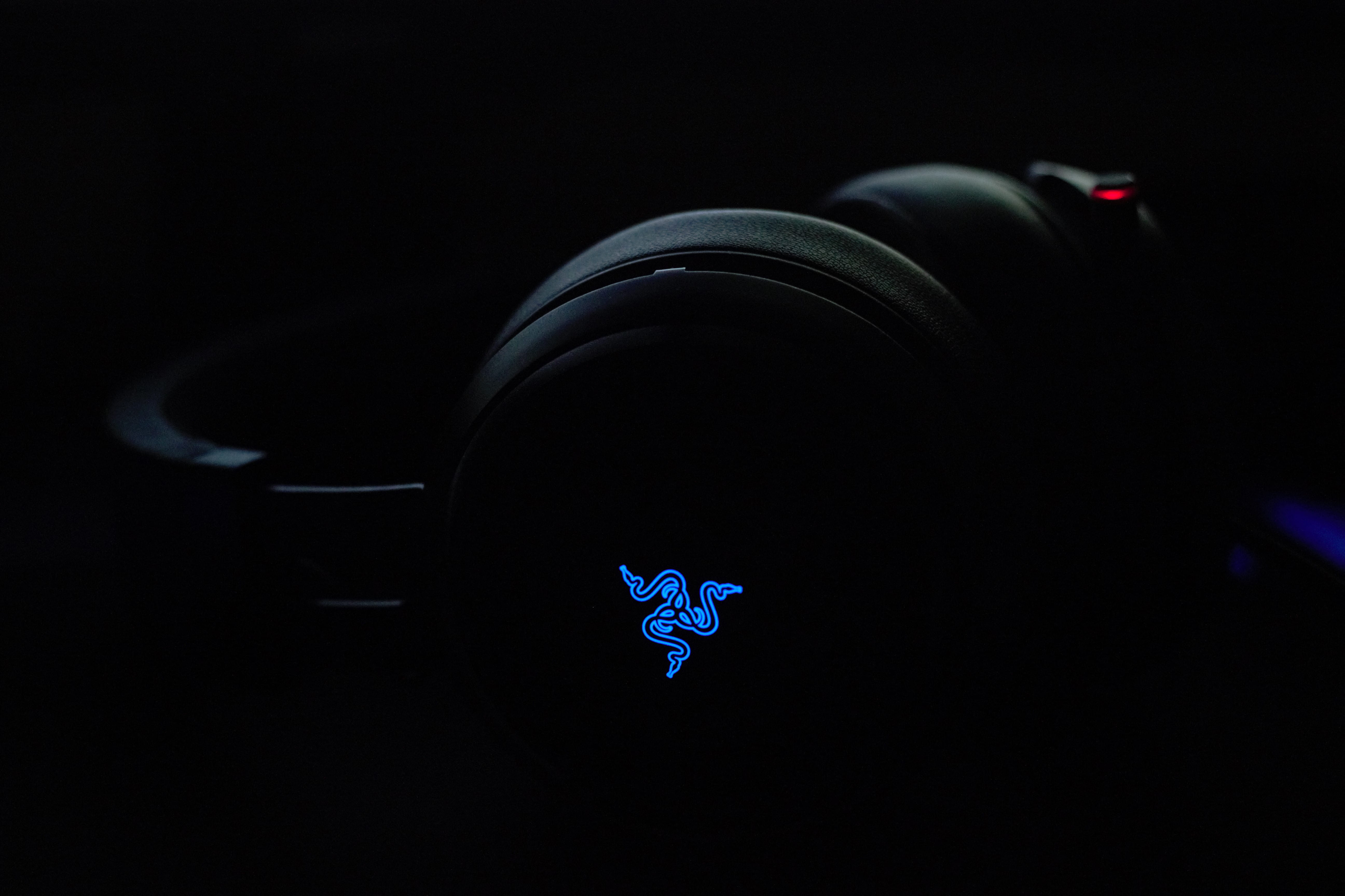 communication, food and drink, headphones, razer, sign, music, shape, black, close-up, no people, light, night, single object, lighting equipment, blue, HD Wallpaper