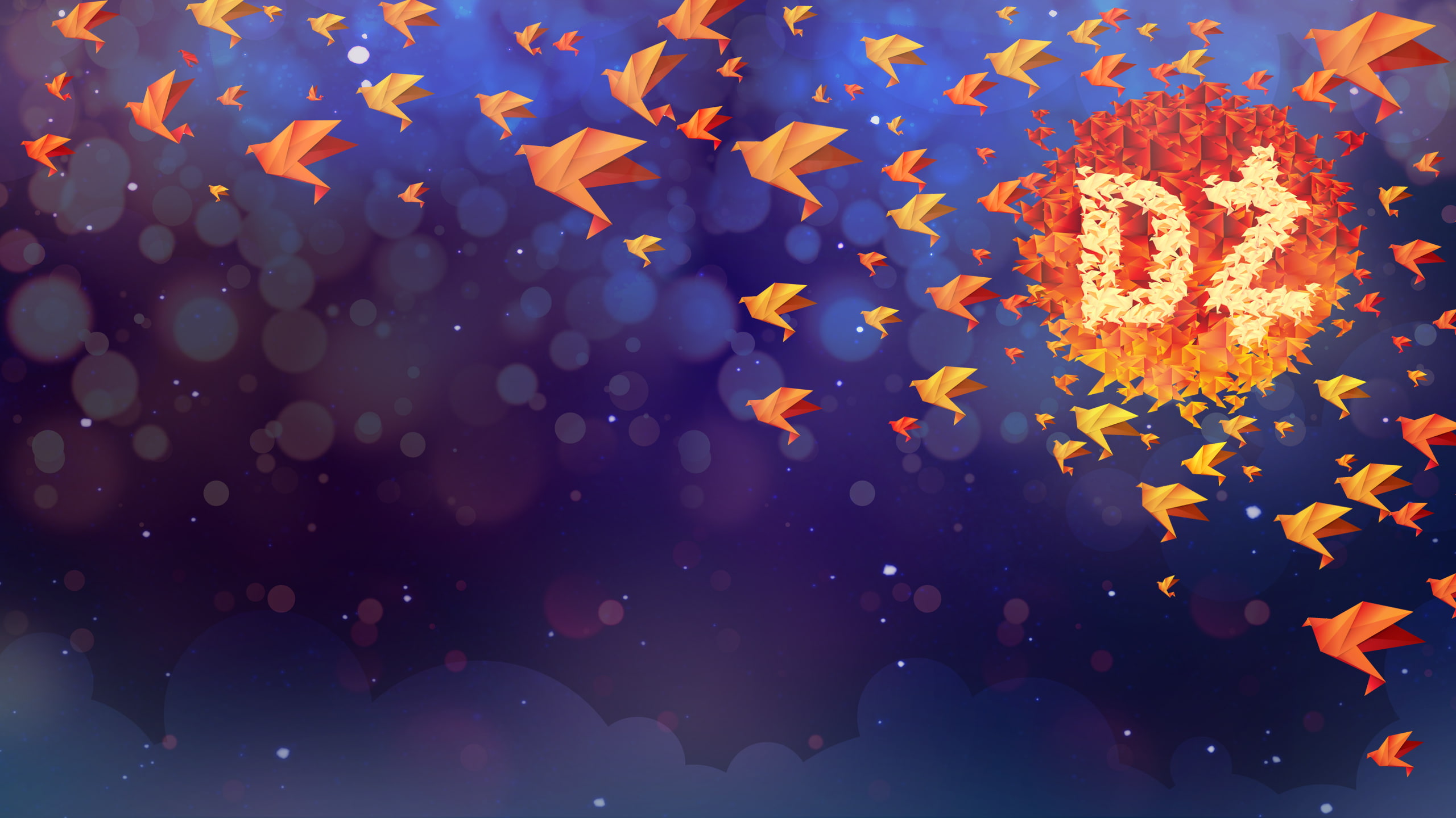 water, outdoors, star shape, defocused, nature, orange color, mid-air, Origami Tsuru, multi colored, CGI, sky, blue, motion, night, no people, beauty in nature, HD Wallpaper