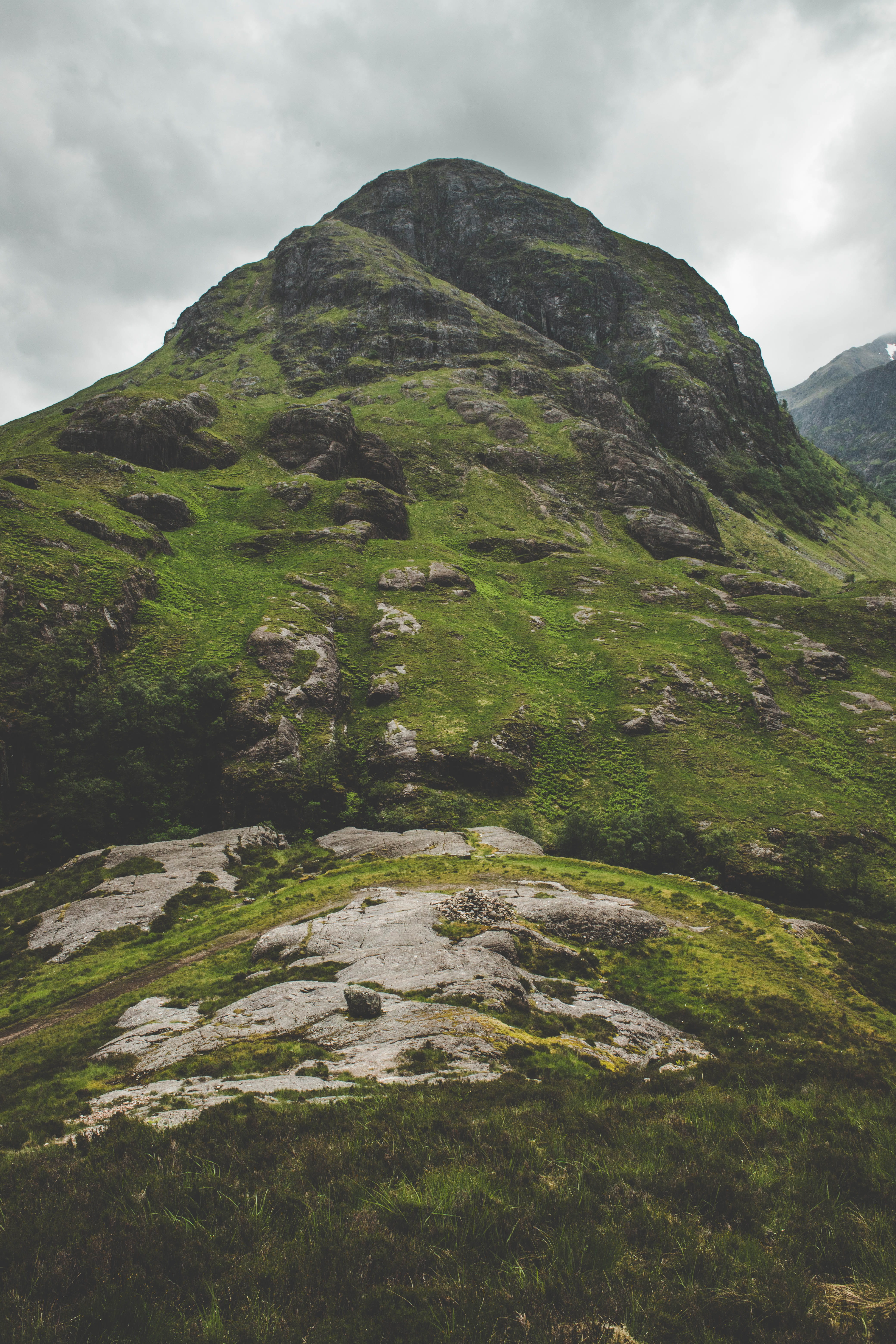 landscape, green, grass, beauty in nature, outdoors, rock, mountain range, glen coe, nature, day, growth, sky, tranquil scene, glencoe, rocks, mountain, Phone HD Wallpaper
