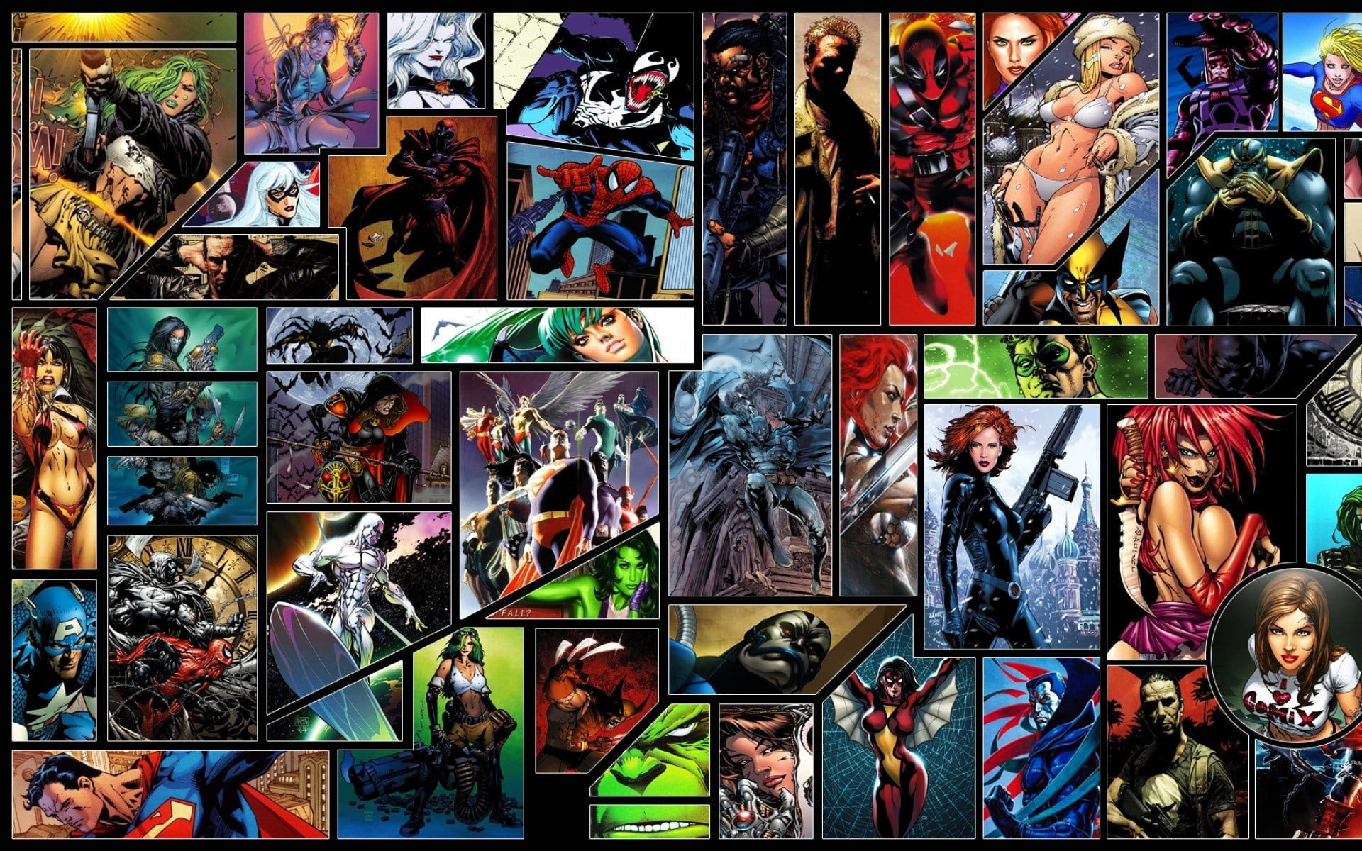 collection, indoors, wall, green lantern batman spawn dc comics comics venom spiderman captain america wolverine black cat sup  charcters, human representation, HD Wallpaper