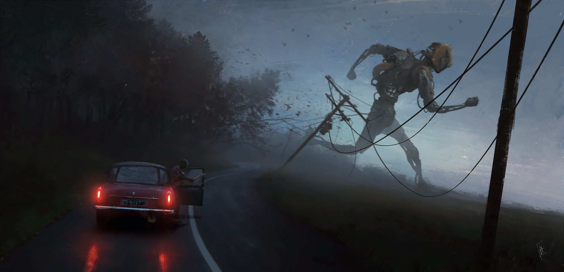 highway, Nicolas Ney, forest, giant, futuristic, robot, digital art, science fiction, men, 1080P, car, sprint, HD Wallpaper