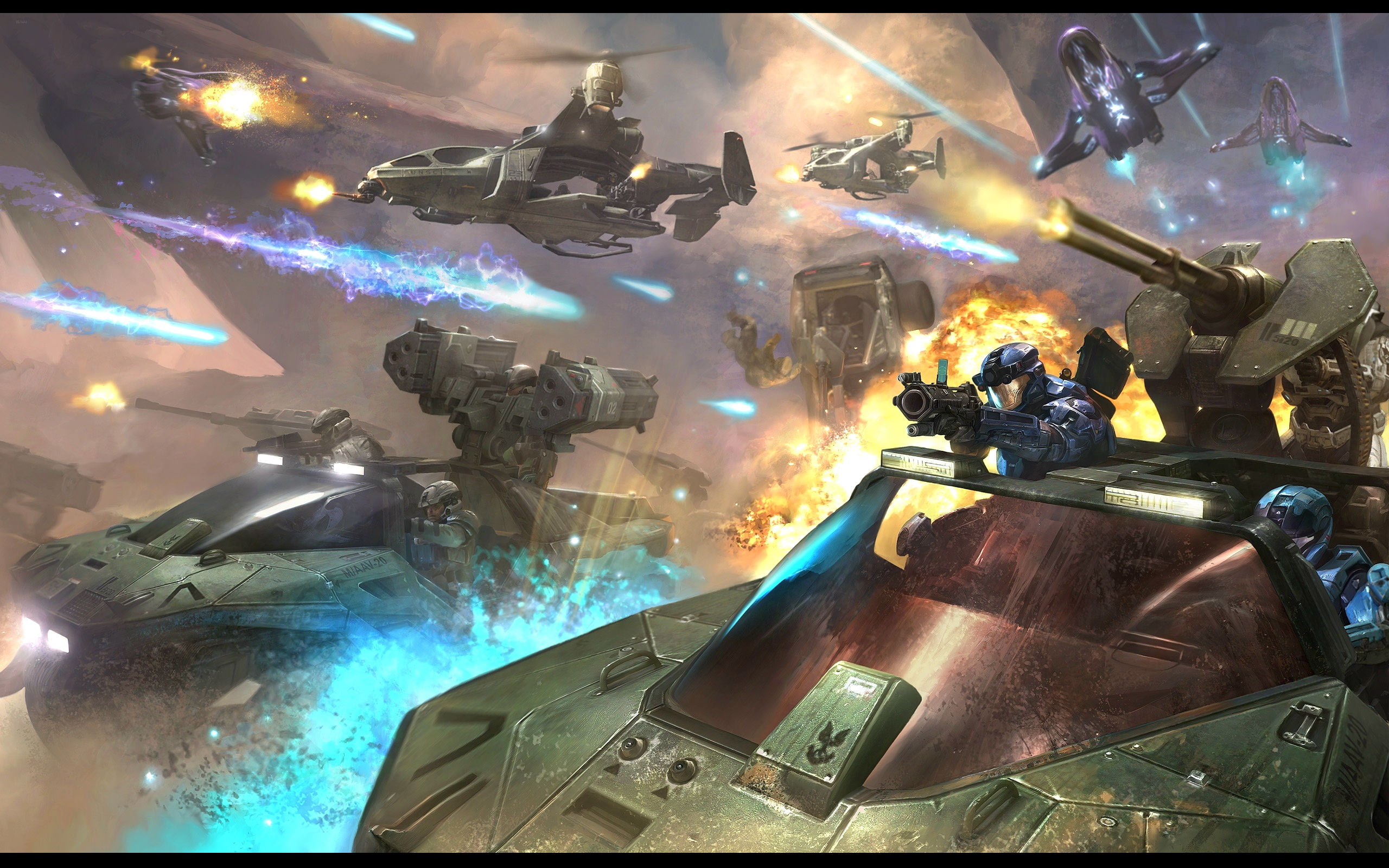 2K, war, video games, grenade launchers, machine gun, UNSC, Covenant, plasma, battle, soldier, marines, Spartan Kat, Halo, Falcon (Halo), Warthog, helicopter, HD Wallpaper