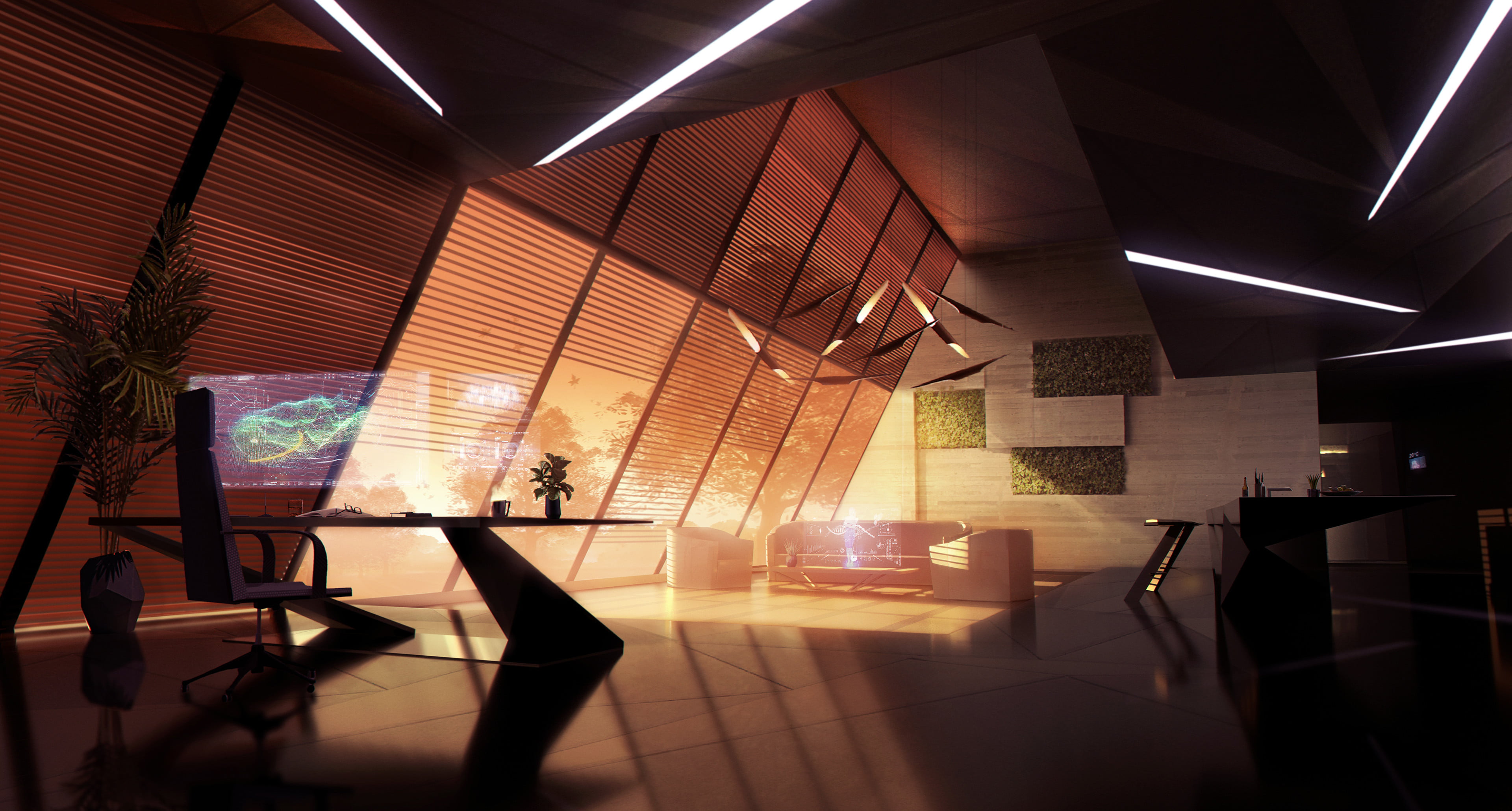 hologram, laboratories, evening, desk, couch, 4K, science fiction, digital art, David Bocquillon Carrasco, HD Wallpaper