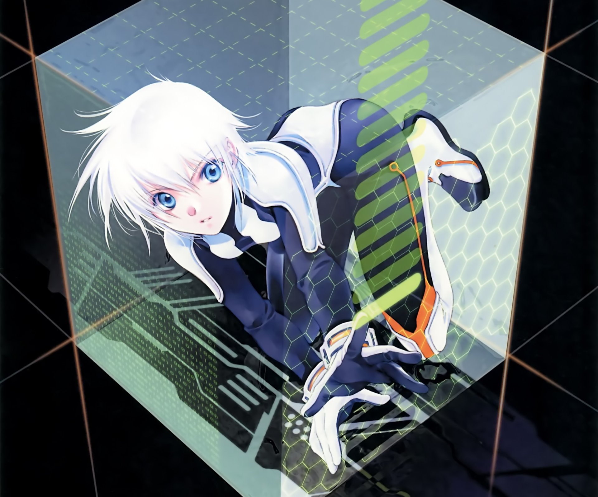 Glove, Blue Eyes, Short Hair, 1080P, Anime, Hologram, White Hair, Original, HD Wallpaper