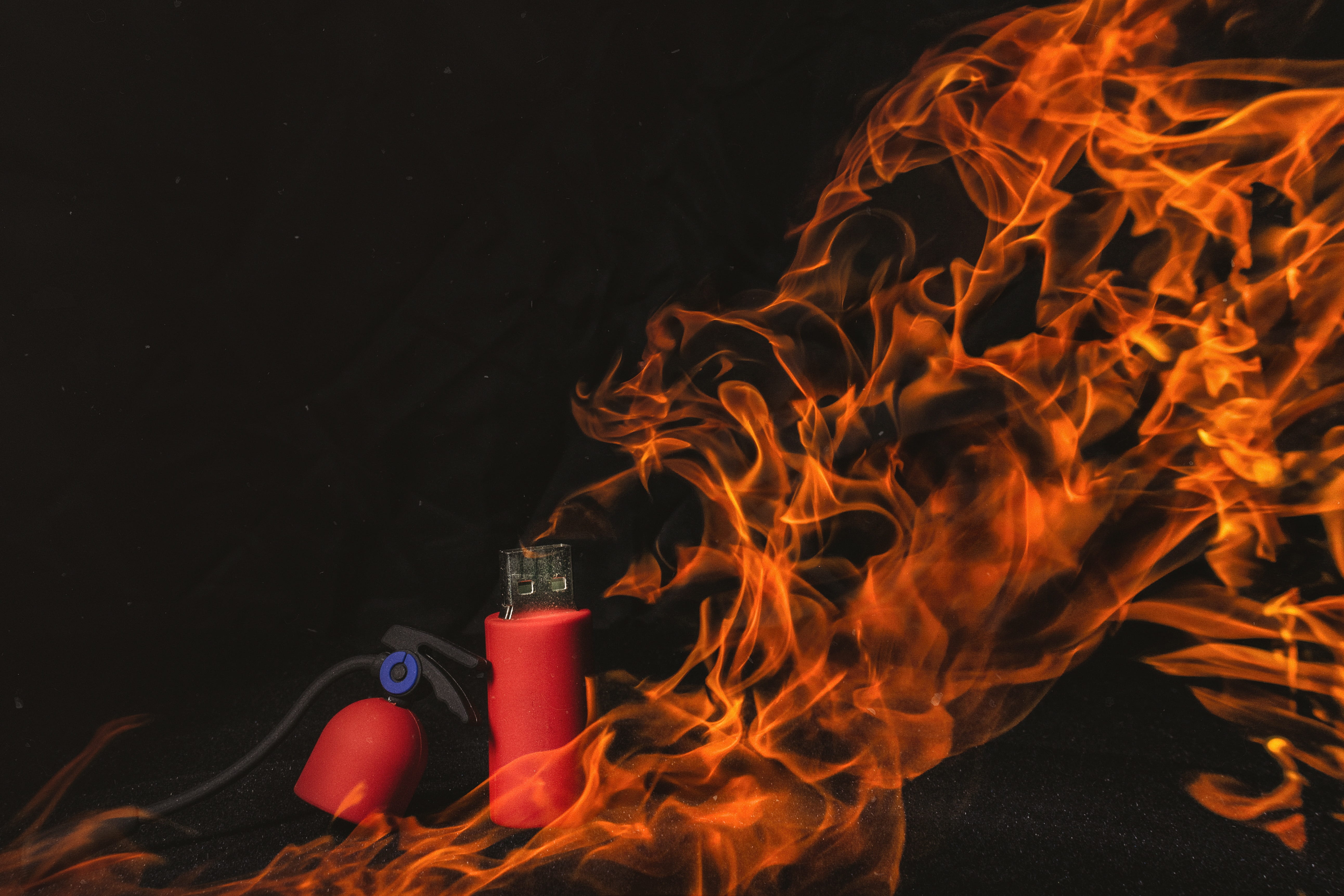 warning sign, communication, black background, glowing, fire - natural phenomenon, indoors, no people, flash-drive, usb, fire extinguisher, studio shot, HD Wallpaper