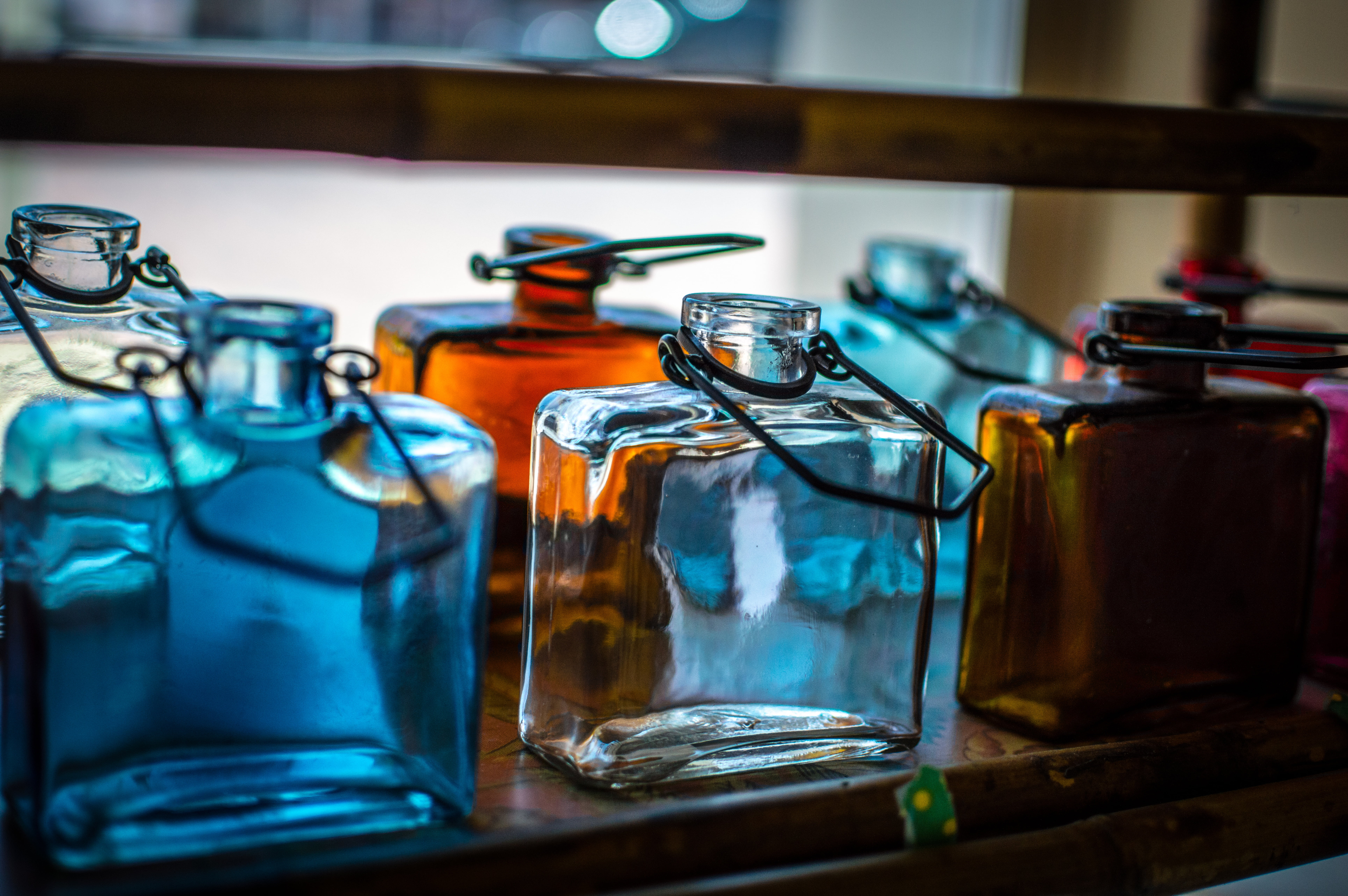 several, no people, wire, blue, glass - material, dark, selective focus, focus on foreground, transparent, still life, group of objects, variation, jar, HD Wallpaper
