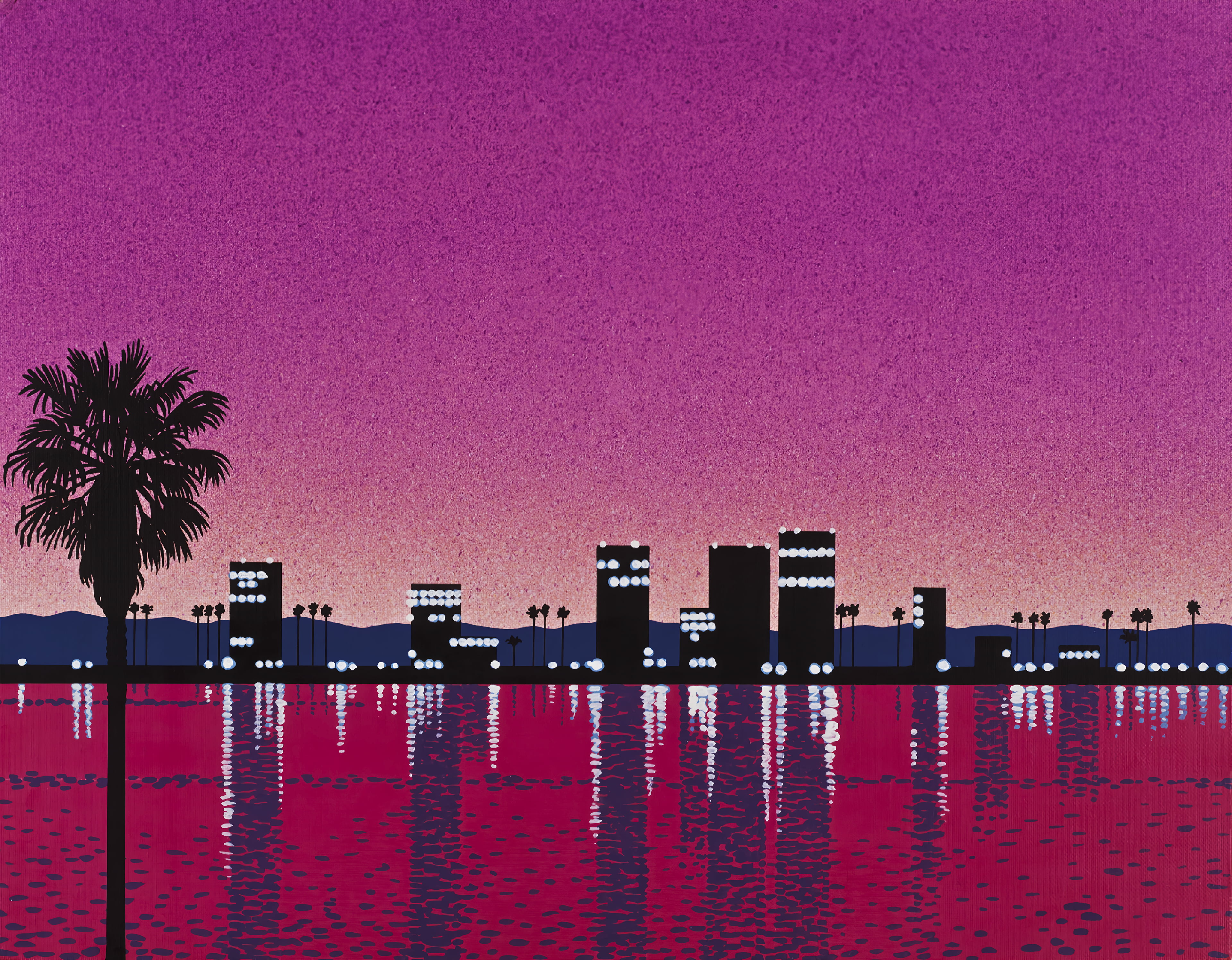 painting, water, 4K, Hiroshi Nagai, cityscape, Retrowave, palm trees, lights, pink, HD Wallpaper