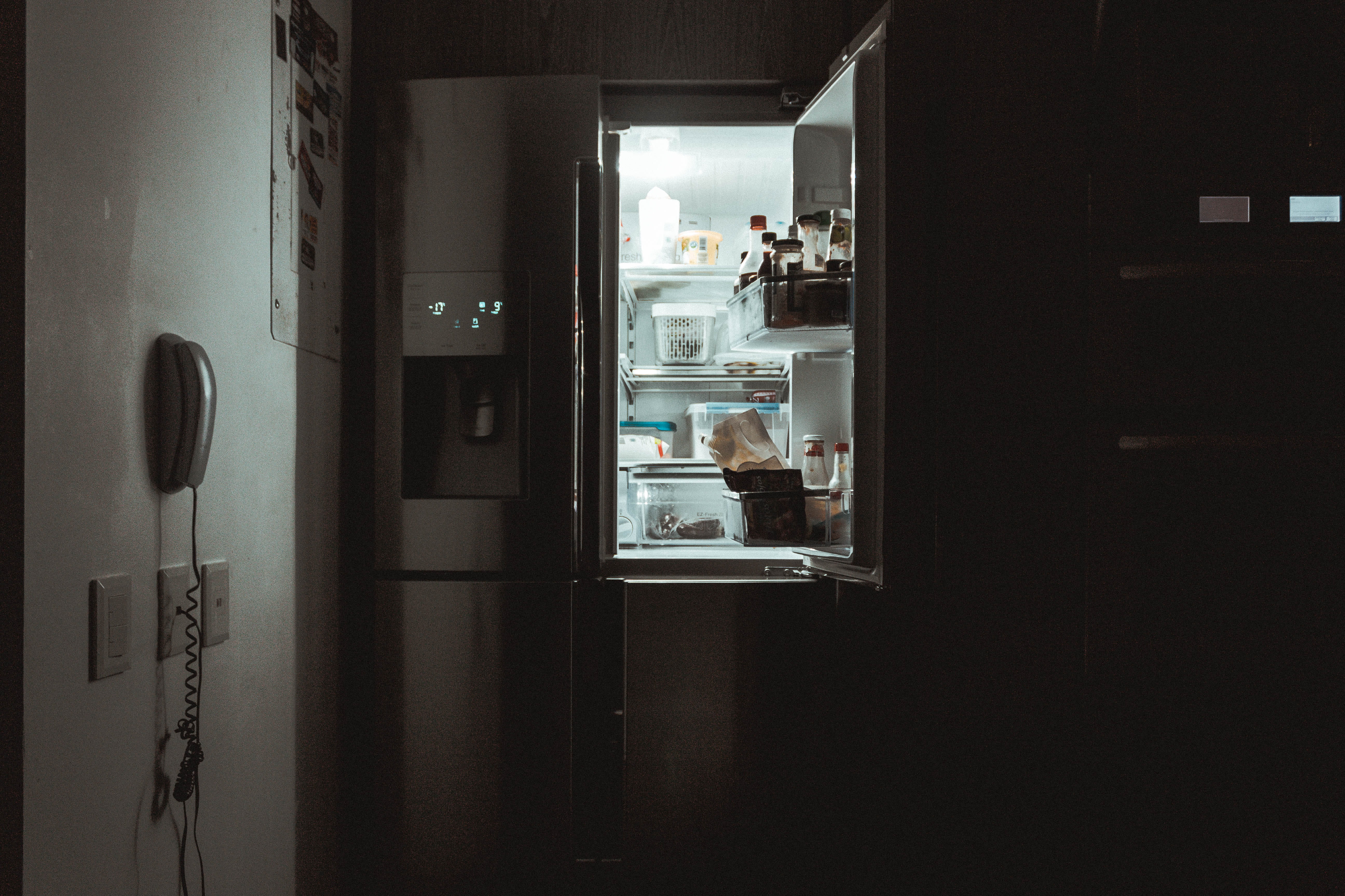 computer hardware, french, domestic room, 5K, refrigerator, electrical device, light, fridge, apartment, people, hardware, night, glass - material, housing, HD Wallpaper