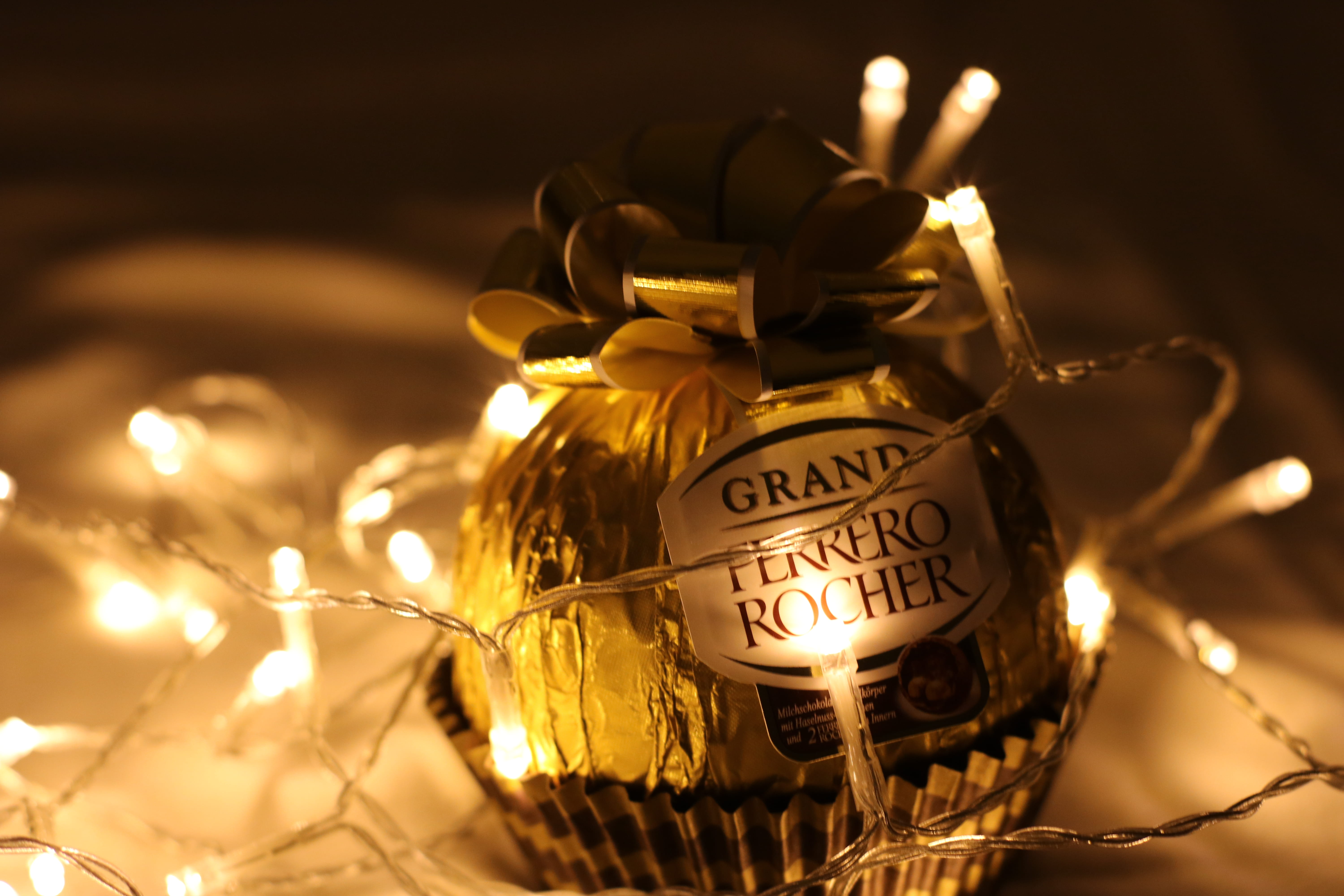 indoors, event, exposure, gold, big, ferrero, 5K, dark, festival, sweet, candy, decoration, gift, light, communication, christmas decor, close-up, text, HD Wallpaper