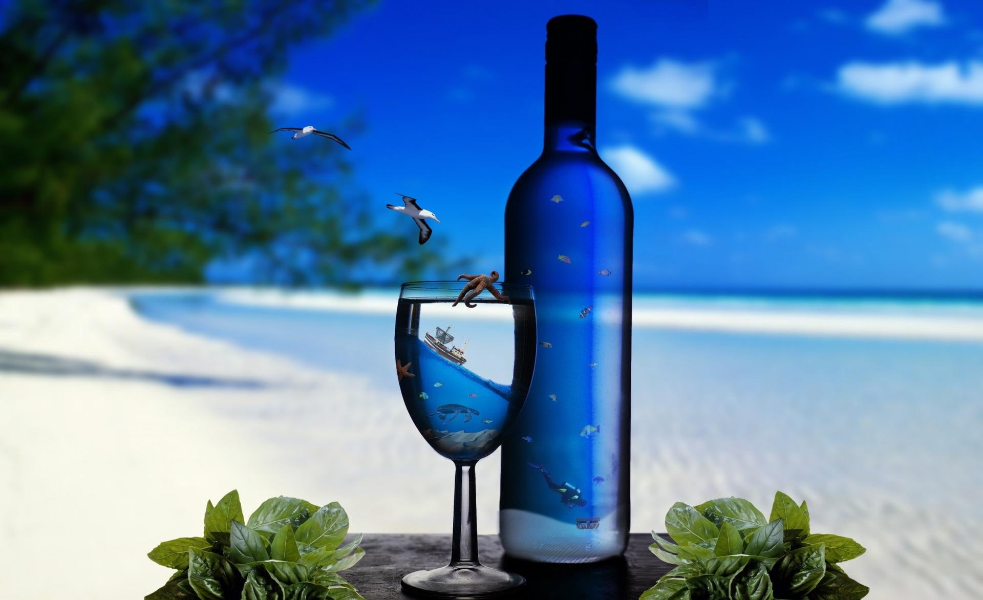 leaf, blue, ocean, 3d and abstract, 1080P, drink, beach, tropical, refreshment, dive, HD Wallpaper