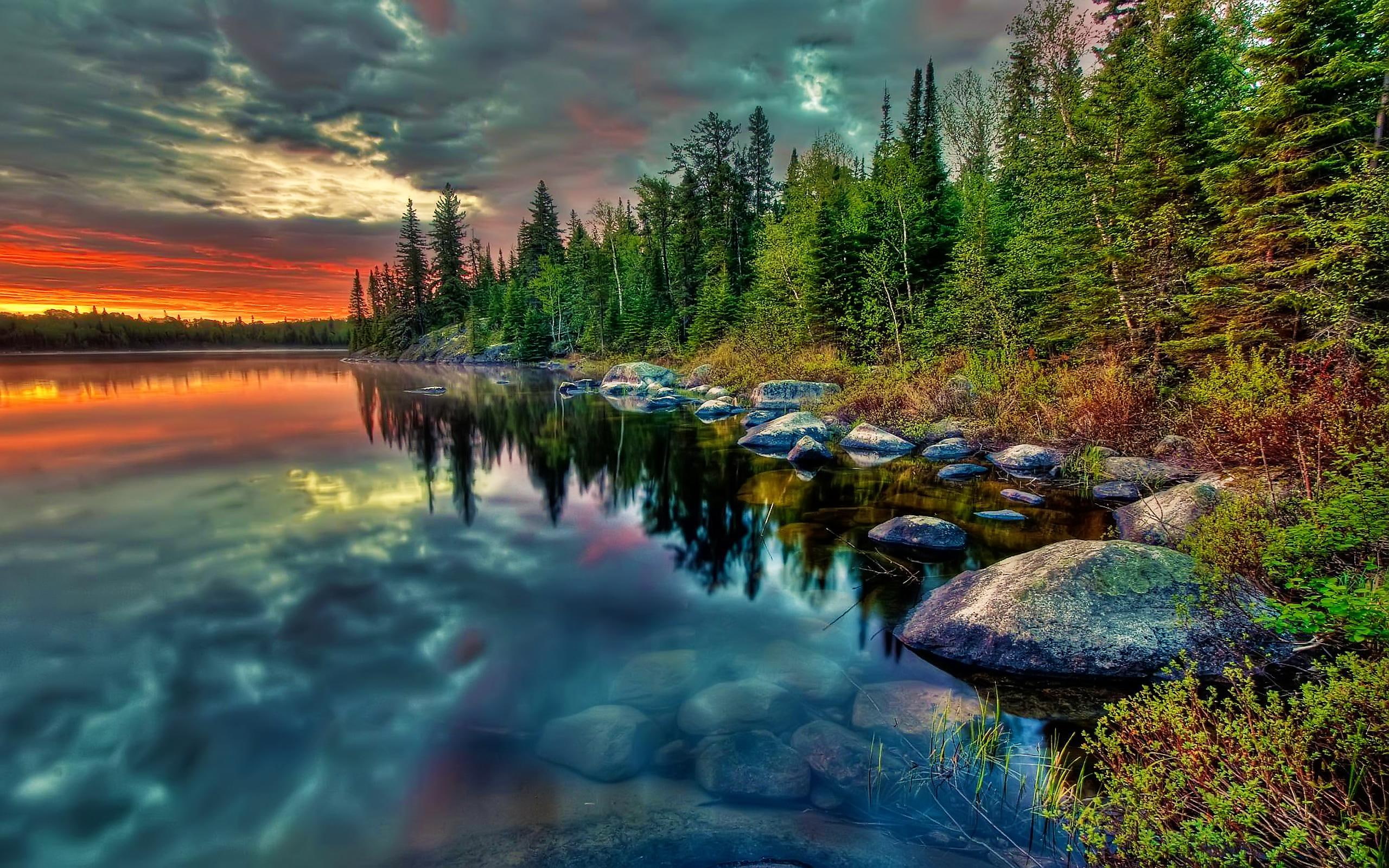 lagoon, stones, background, blue, beije, time, outdoors, forest, painting, night, nice, clear, calm, white, sea, rocks, wawes, beside, lake, picture, 2K, HD Wallpaper