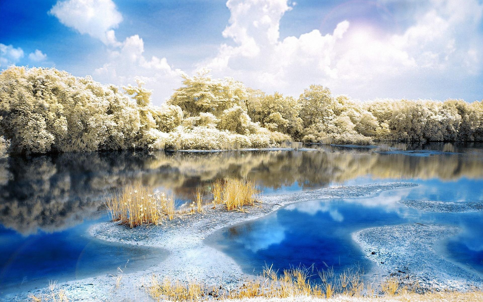 cold, widescreen, beije, blue, 1080P, nice, white, water, landscapes, trees, picture, calm, quiet, green, body, forest, clear, background, river, HD Wallpaper