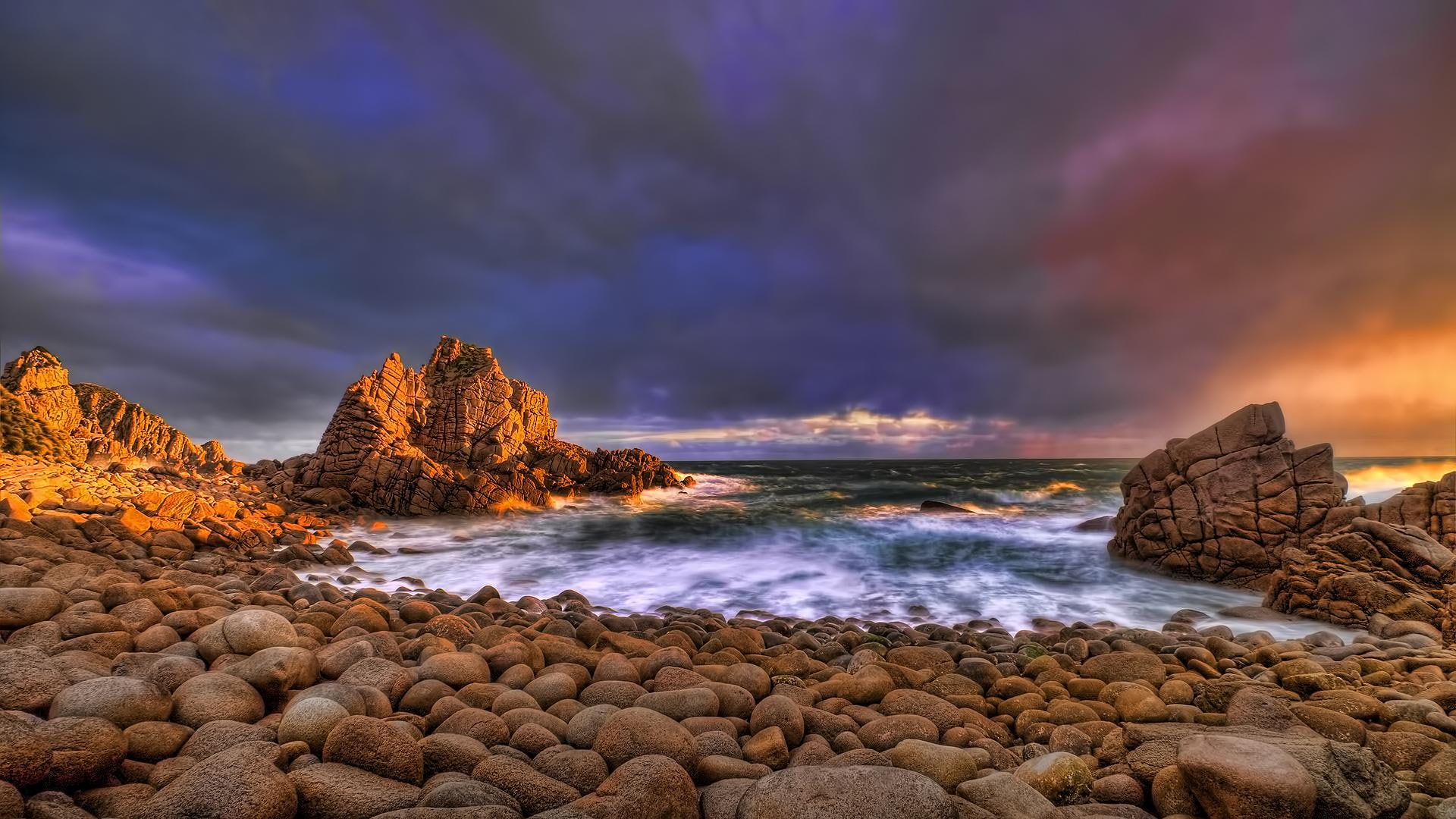 stones, beachscape, portrait, magenta, picture, seashore, rocks, sunshine, waves, photoshop, 1080P, landscapes, water, nice, beije, HD Wallpaper