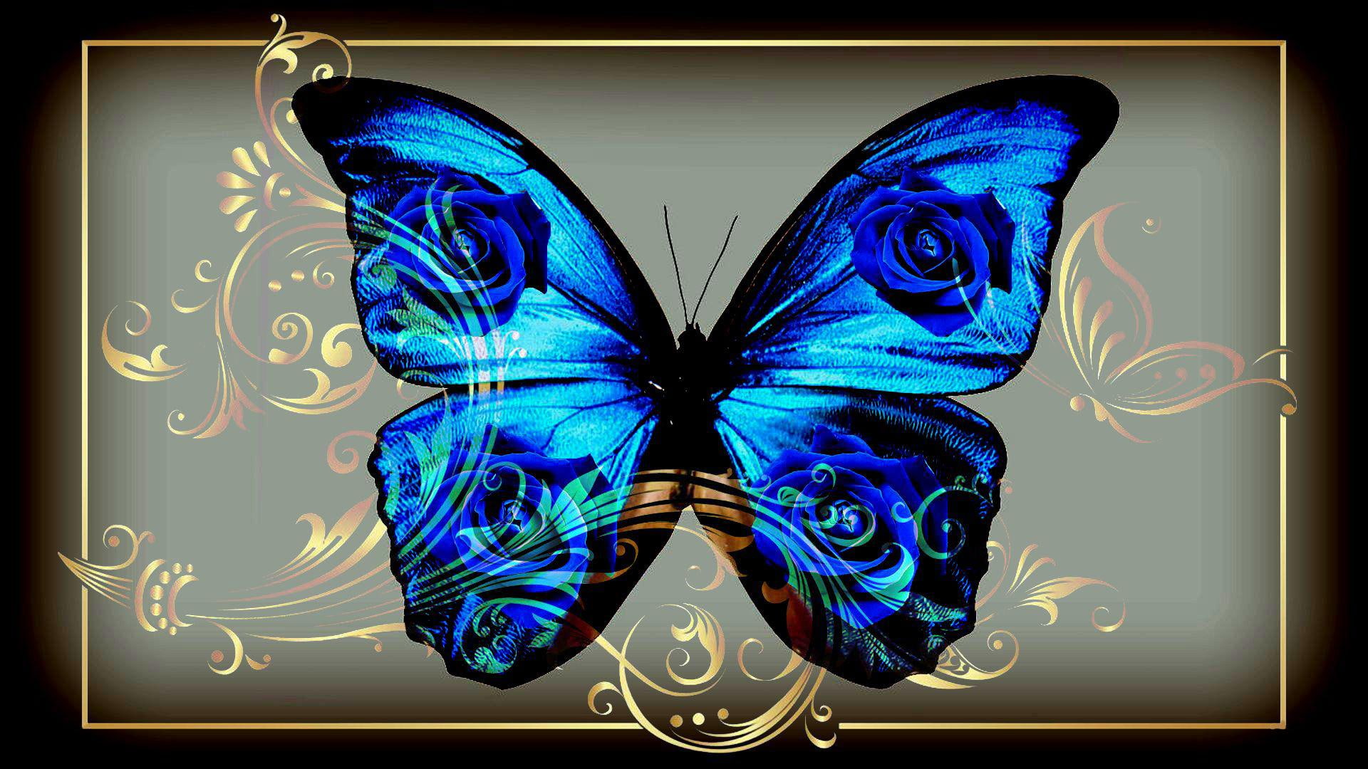 blue, 1080P, beautiful, jewel, rose, jewelry, butterfly, flower, animals, photoshop, HD Wallpaper