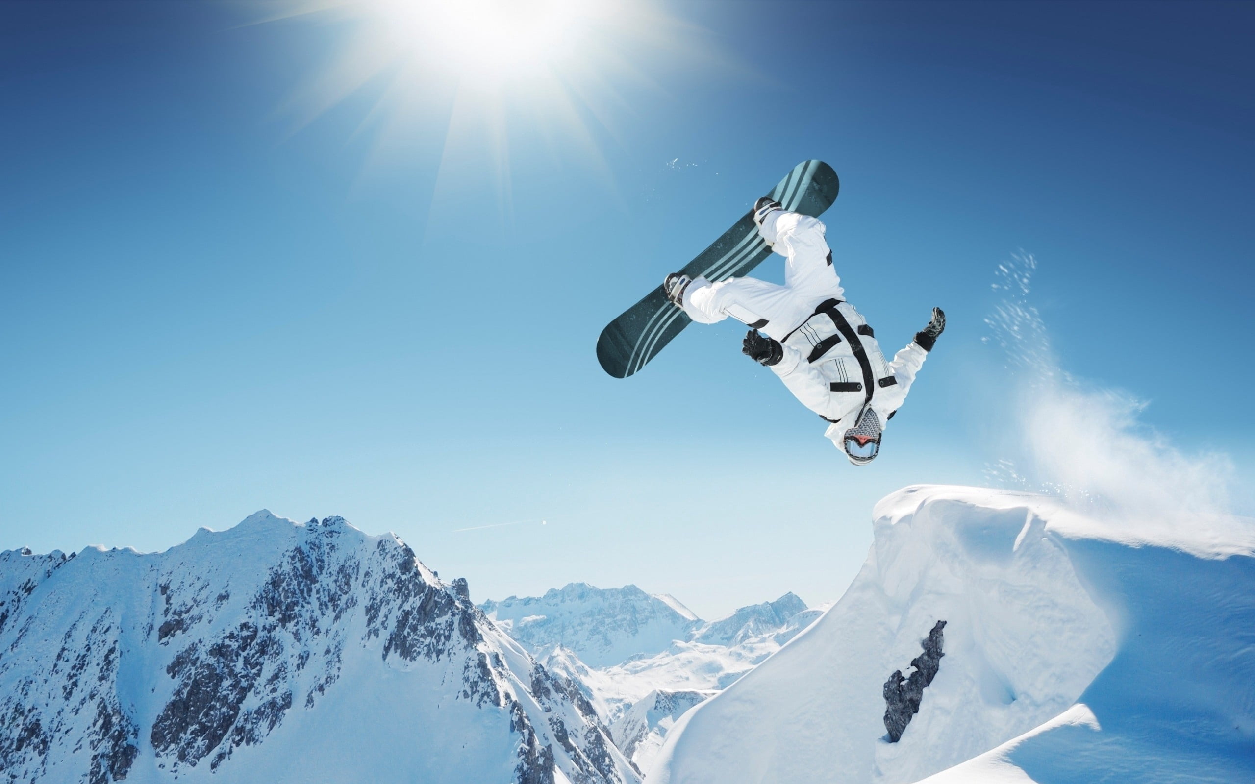 sky, trick, mountain, beauty in nature, fun, sunlight, white, european Alps, scenics, sport, high Up, technology, sun, clear sky, cold temperature, people, HD Wallpaper