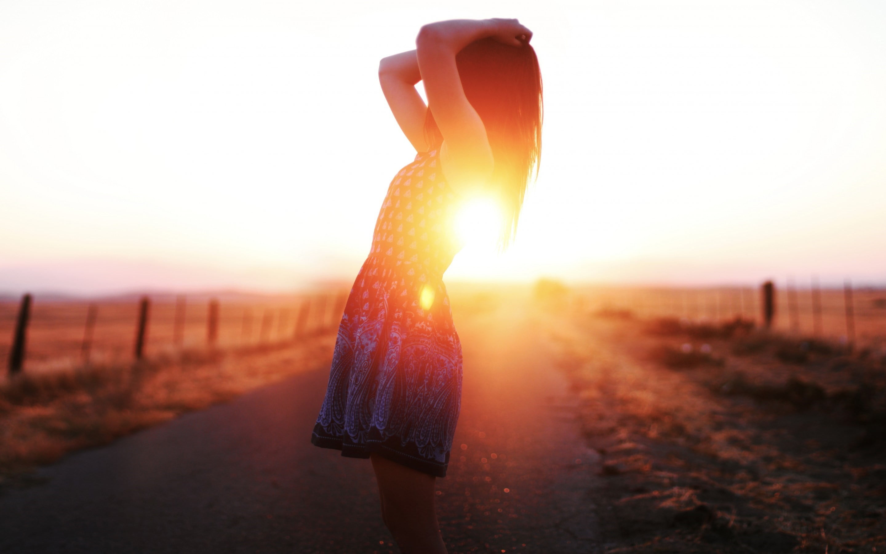 path, orange color, bright, real people, hands on head, Golden Hour, fence, tranquil scene, women outdoors, women, one person, tranquility, 2K, hand, sun, HD Wallpaper