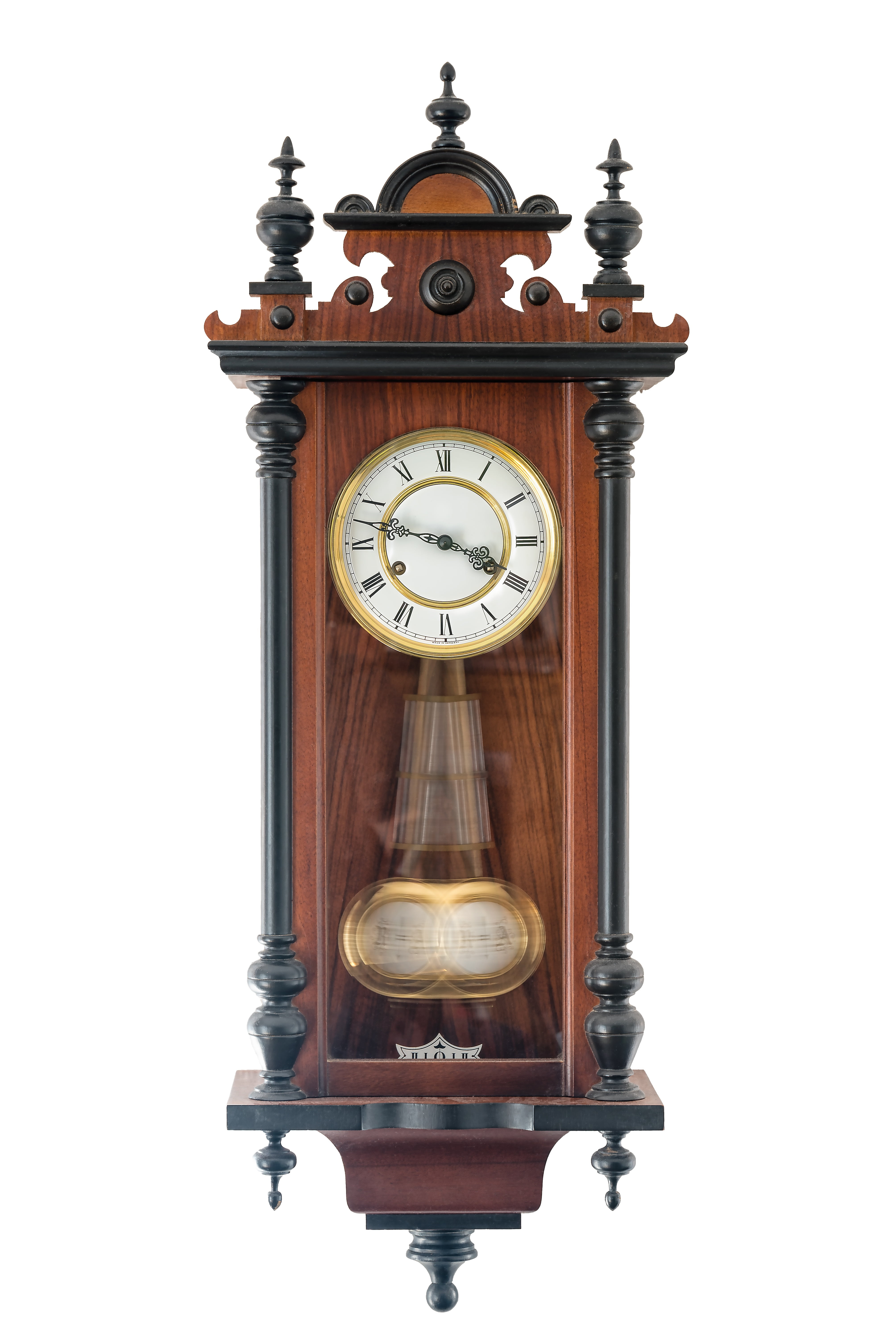 roman numeral, gold colored, pendulum swings, horology, old clock, brown, analog, nostalgic, studio shot, roman, black, clock tower, instrument of time, Phone HD Wallpaper