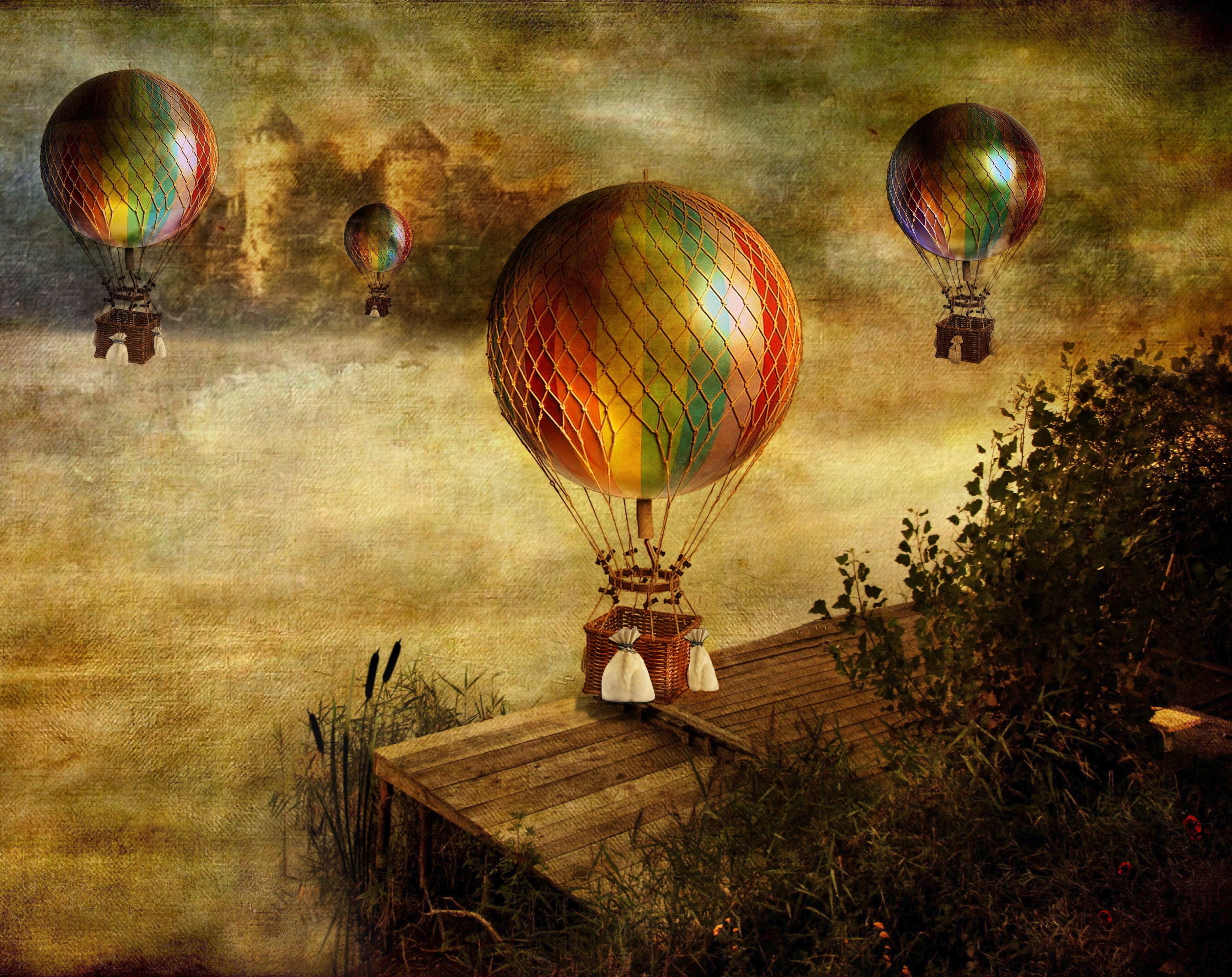 balloon, background, old, transportation, Vintage, cloud - sky, Flying, 2K, hot, auto post production filter, Balloons, air, painting, antique, sky, sphere, HD Wallpaper