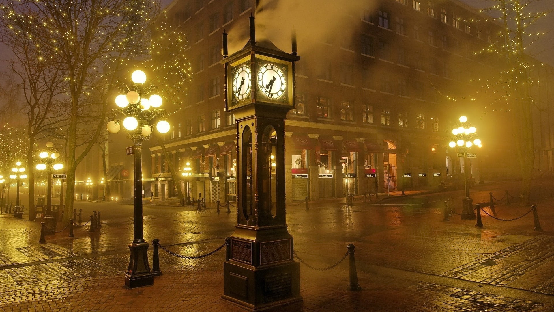 city, building Exterior, europe, architecture, street, sepia, old, downtown District, clock, light, dark, cultures, electric Lamp, lens flare, lights, lighting Equipment, HD Wallpaper