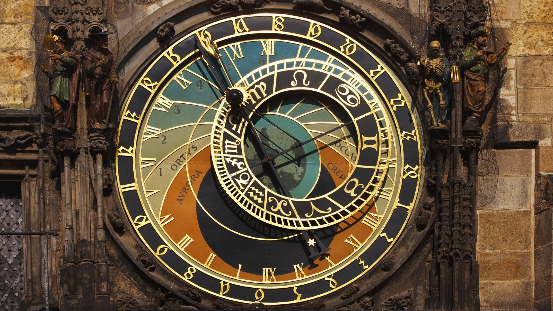 Zodiac, 1080P, history, old building, clocks, architecture, Prague, clocktowers, clockwork, skeleton, machine, astronomy, Czech Republic, HD Wallpaper