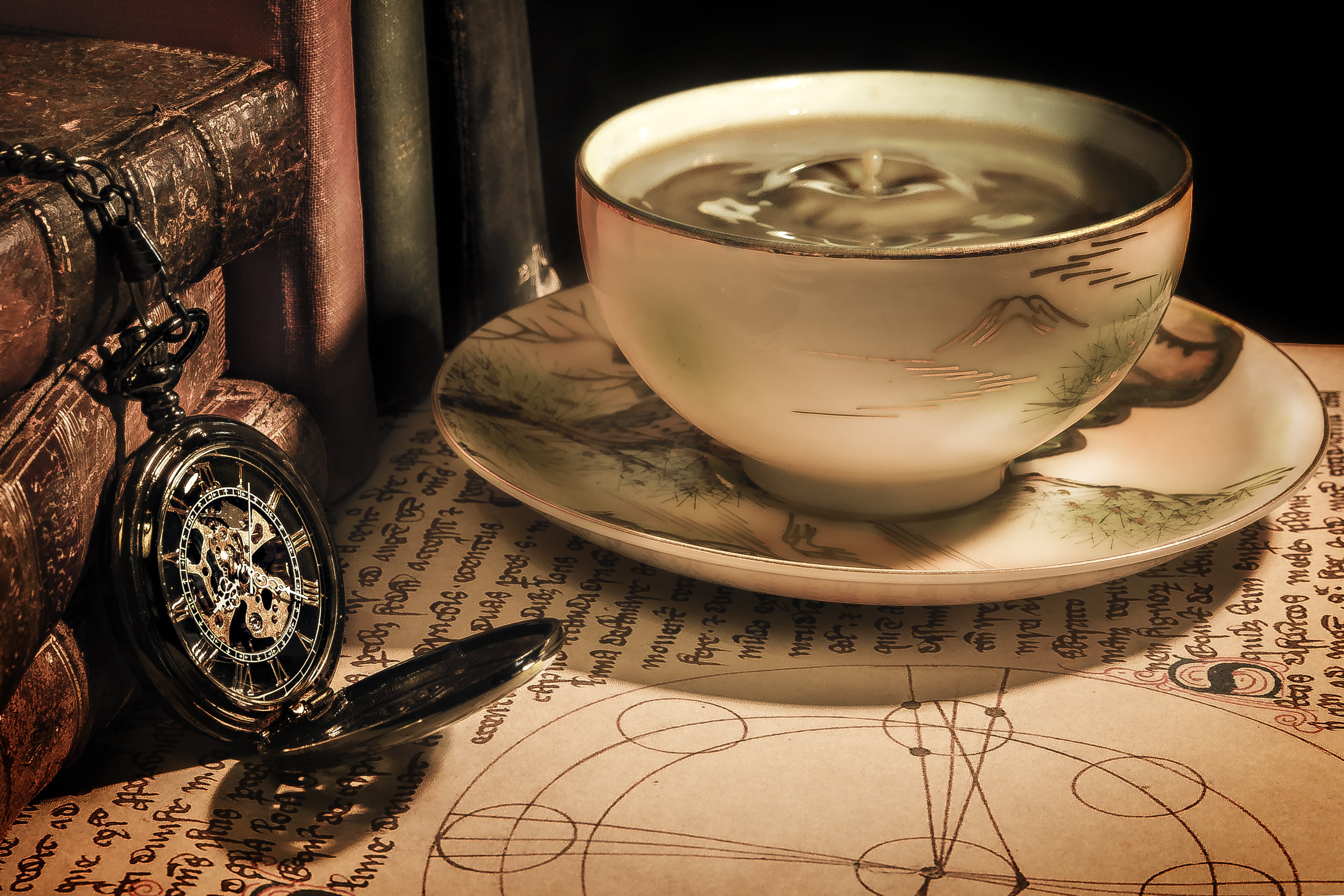 crockery, drink, day, pocket, tea cup, round, no people, old-fashioned, 2K, tea - hot drink, table, ceramics, pocket watch, cup, time, hot drink, mug, HD Wallpaper