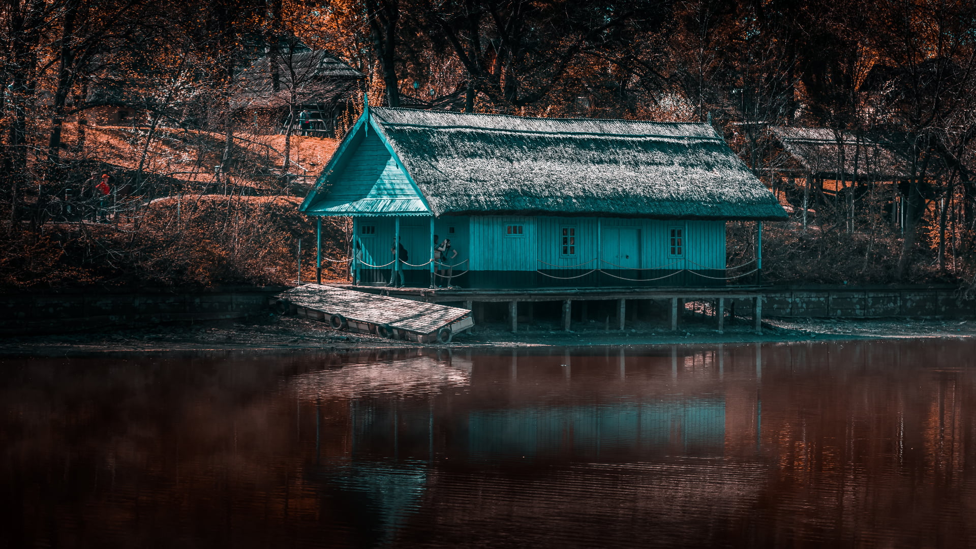 trees, people, river, Romania, leaves, 1080P, Bucharest, nature, water, plants, selective coloring, HD Wallpaper
