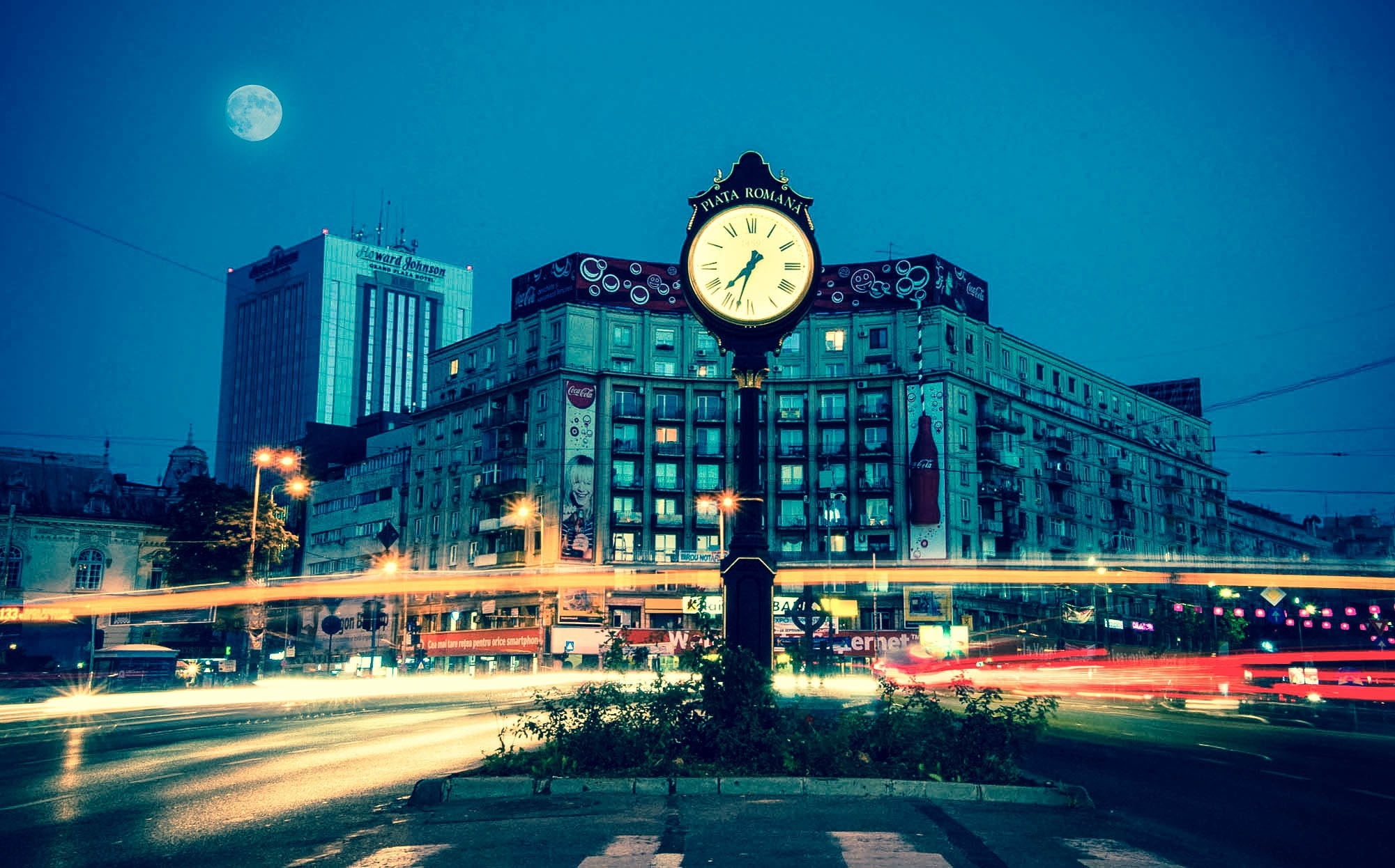 illuminated, dusk, sky, signs, mode of transportation, europe, moon, transportation, long exposure, cityscape, 1080P, minute hand, photo, office building exterior, HD Wallpaper