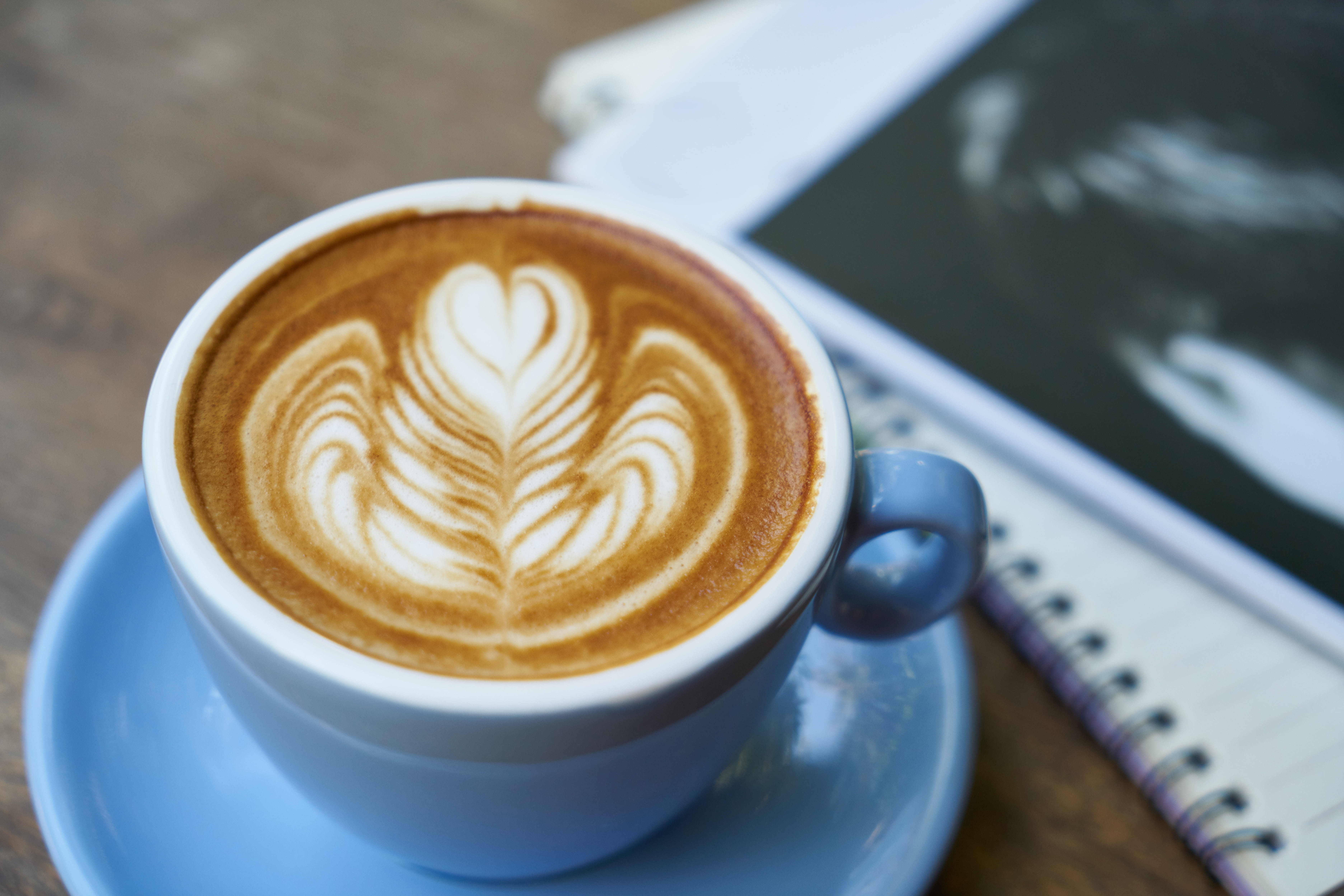 latte, beautiful, cappuccino, close-up, fountain pen, coffee Cup, course, mocha, work, nutrition, pen, good morning, macro, 5K, heat - Temperature, note book, HD Wallpaper
