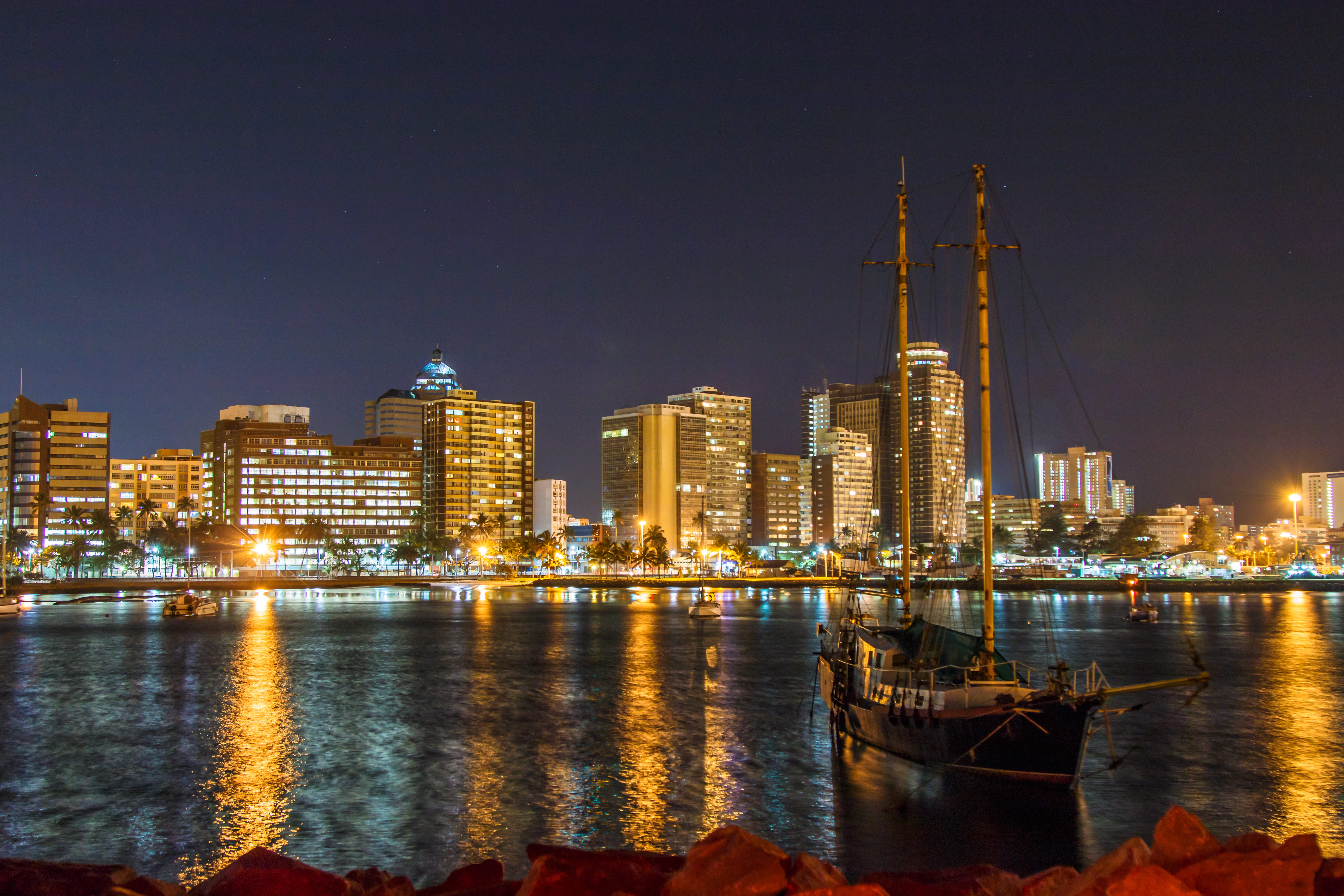 5K, durban marina, office building exterior, night photography, durban harbor, transportation, landscape, tall - high, building, cityscape, financial district, HD Wallpaper