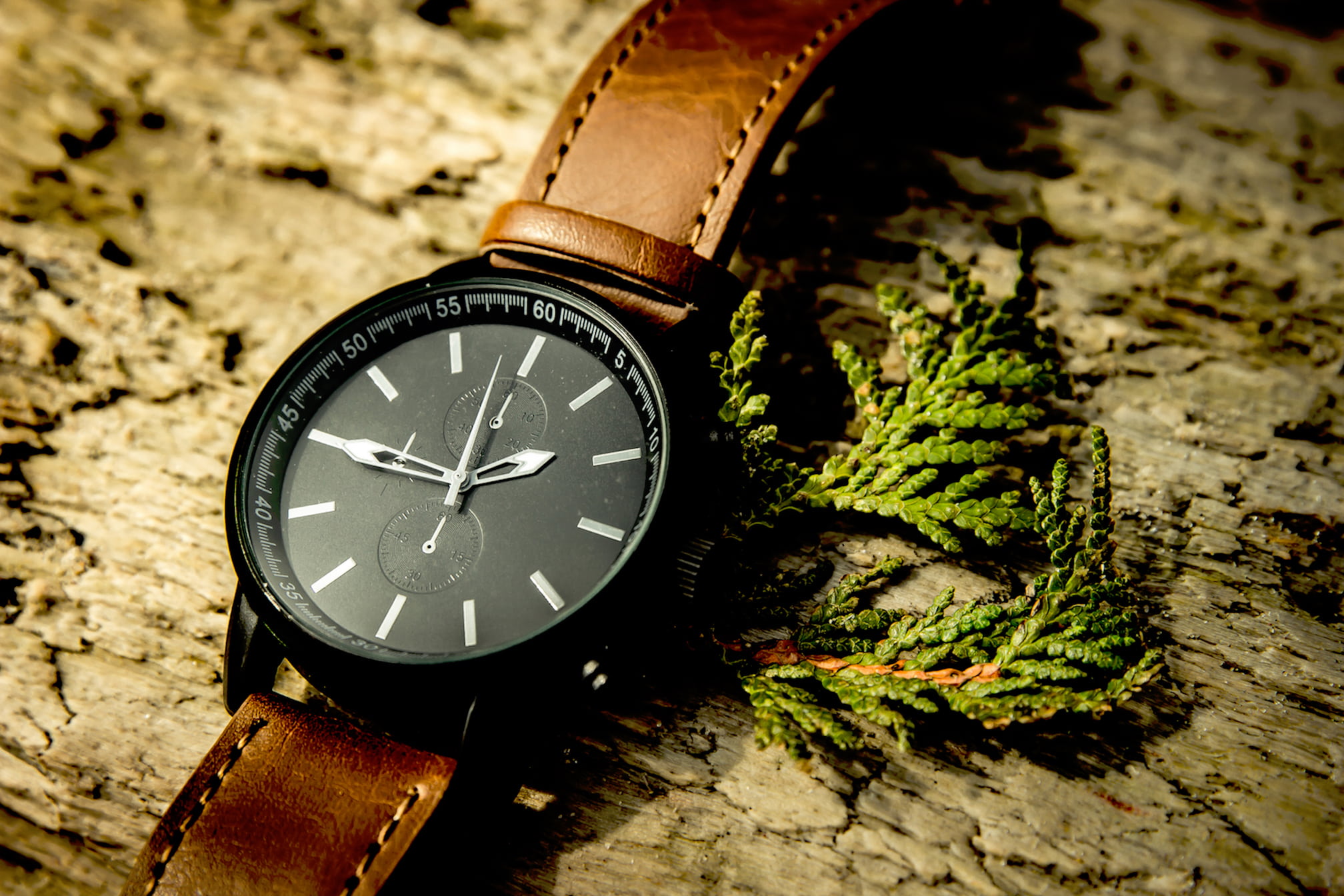 instrument of time, green, focus on foreground, metal, chronograph, personal accessory, number, leaf, watch, brown, beside, still life, accessories, time, HD Wallpaper