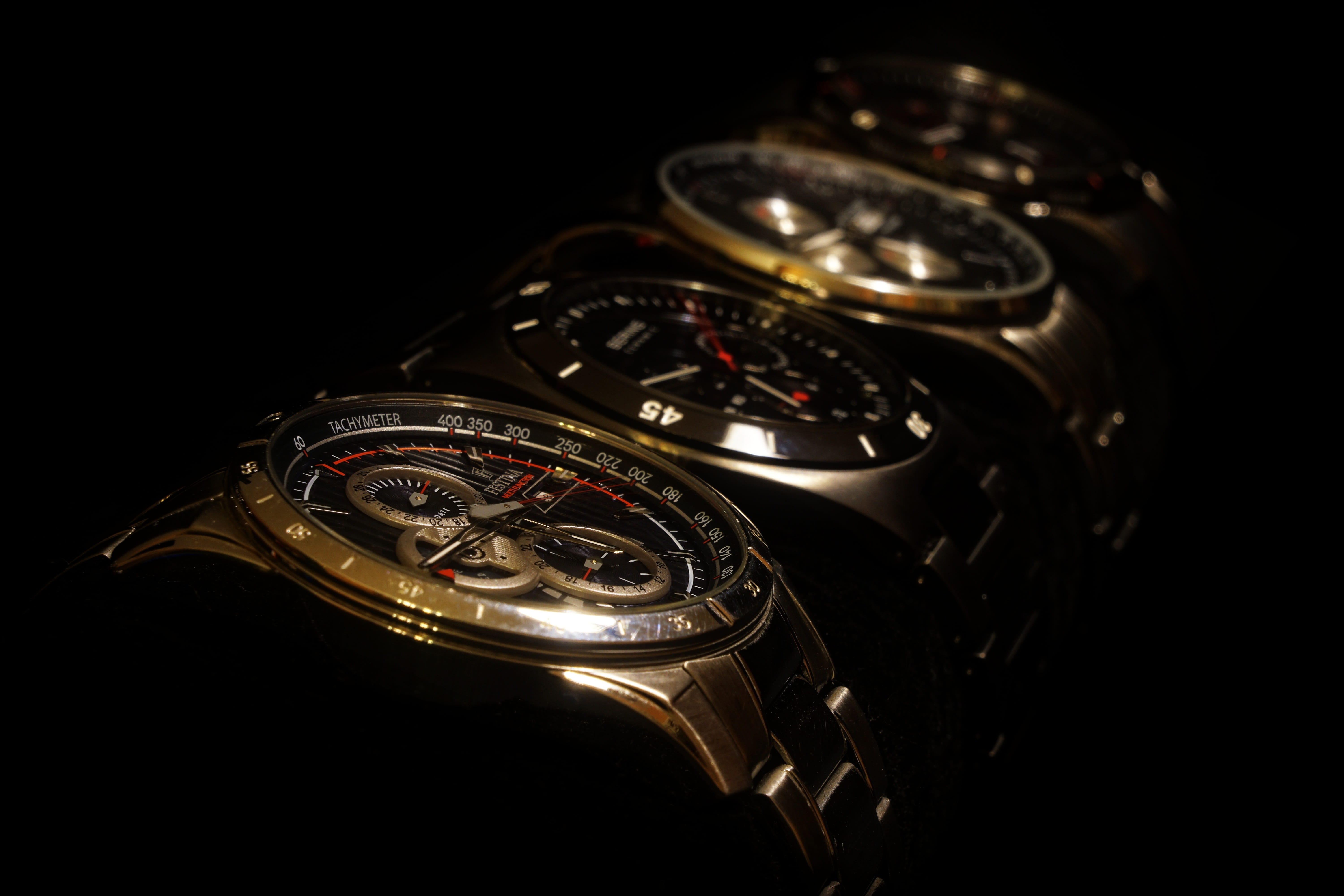 single object, number, watches, wrist watch, reflective festina, metal, chrome, mens, gold, time, 5K, black background, copy space, wealth, timepiece, HD Wallpaper
