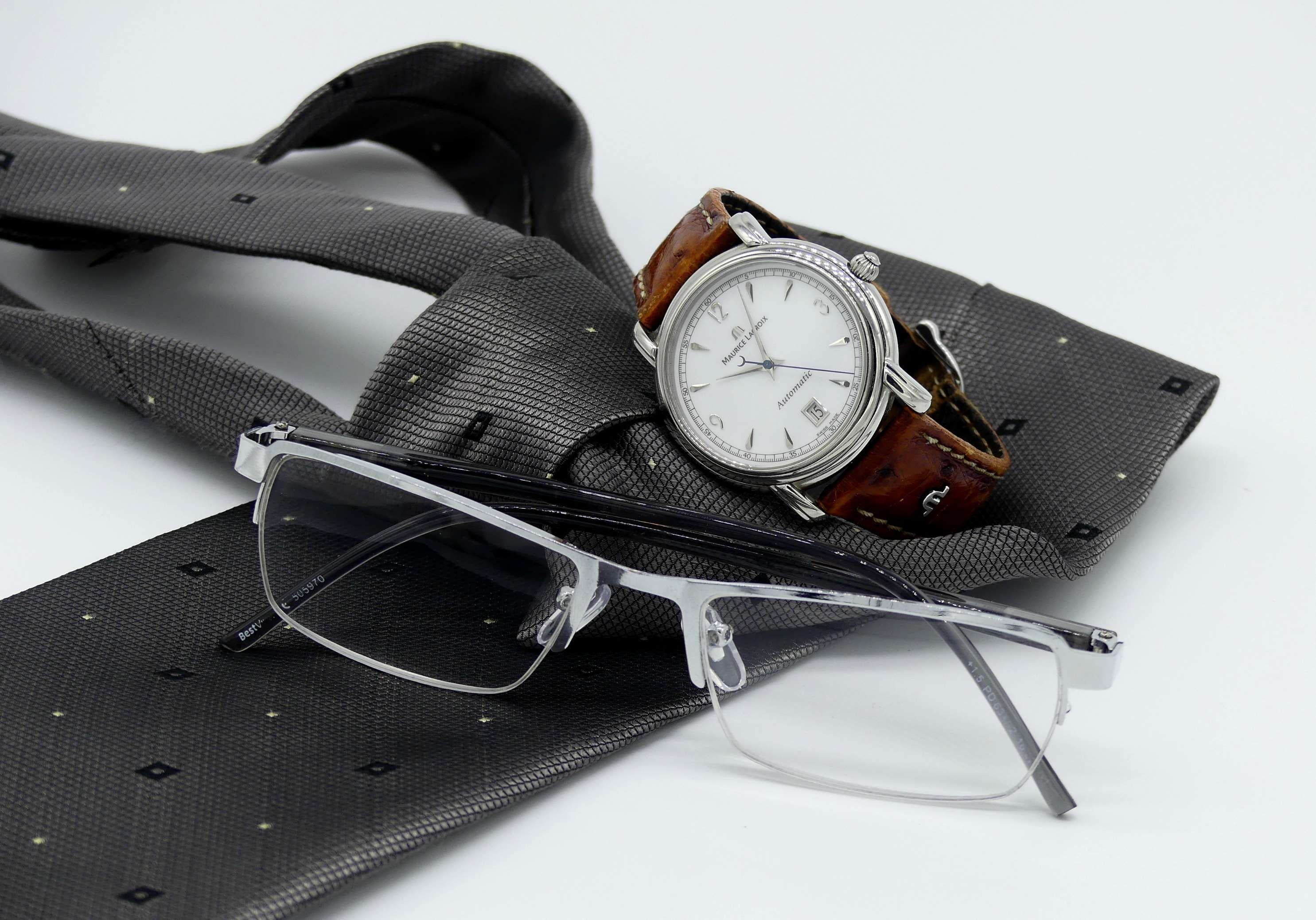 metal, man, tie, close-up, timepiece, fashion, chic, leather, minute hand, time, neck tie, classic, wrist watch, no people, black color, clock, glasses, HD Wallpaper