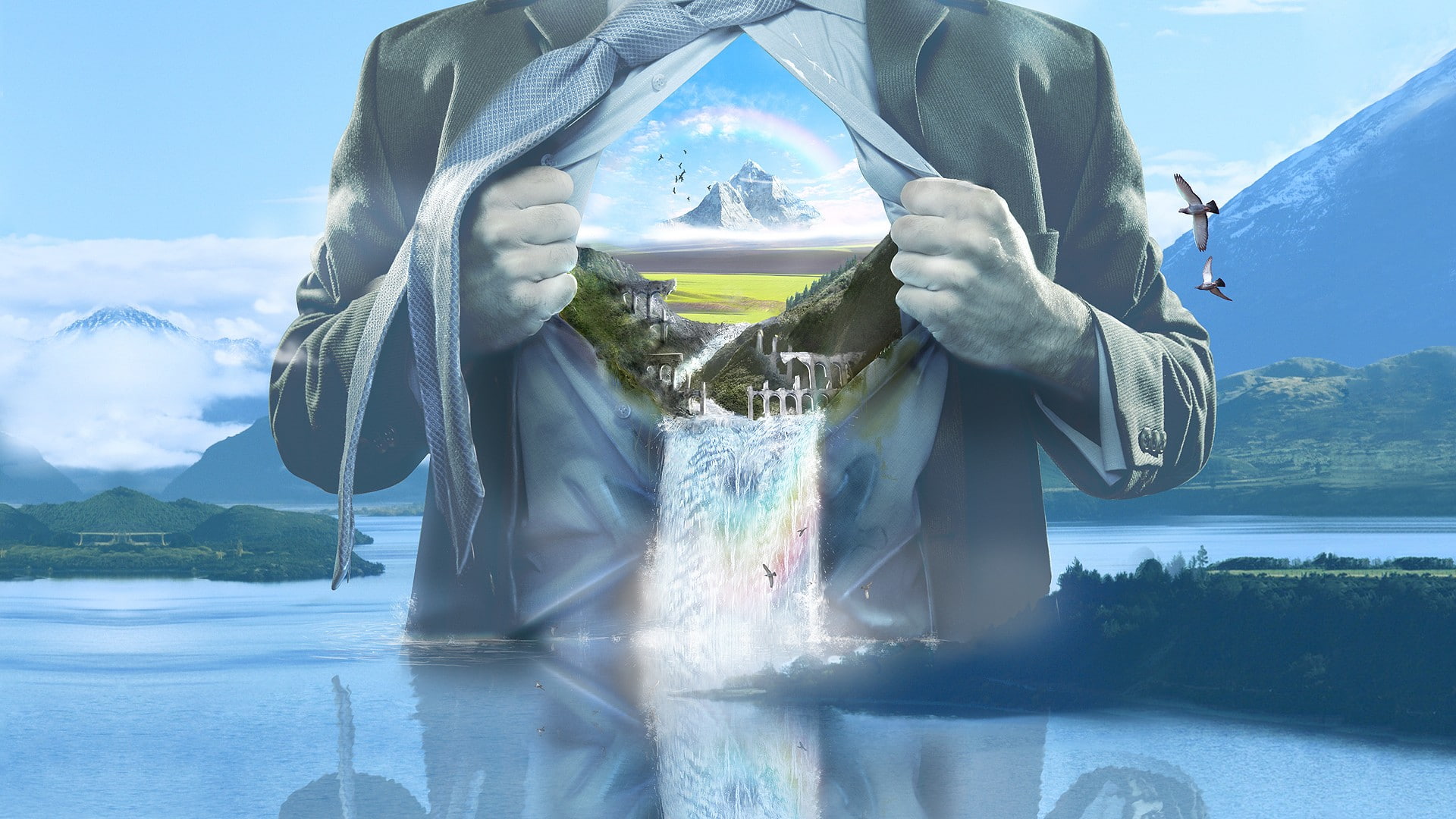 birds, scenics - nature, rainbows, men, adult, suits, real people, ruin, portrait, tie, reflection, artwork, waterfall, river, one person, leisure activity, HD Wallpaper