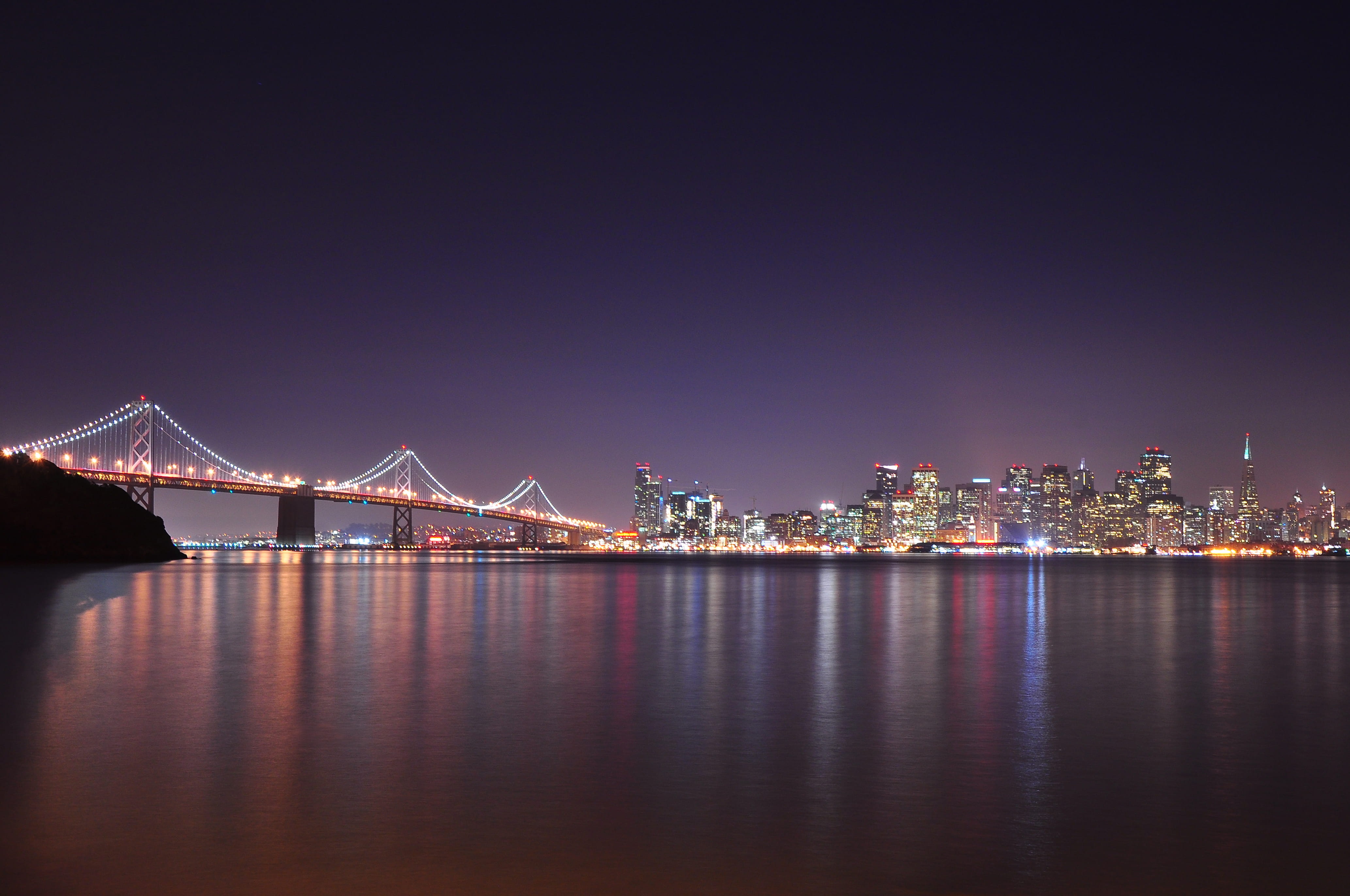 built Structure, photography, shipping, bay bridge, sky, urban Skyline, outdoors, office building exterior, golden, blue, buildings, uSA, dusk, sea, gate, HD Wallpaper