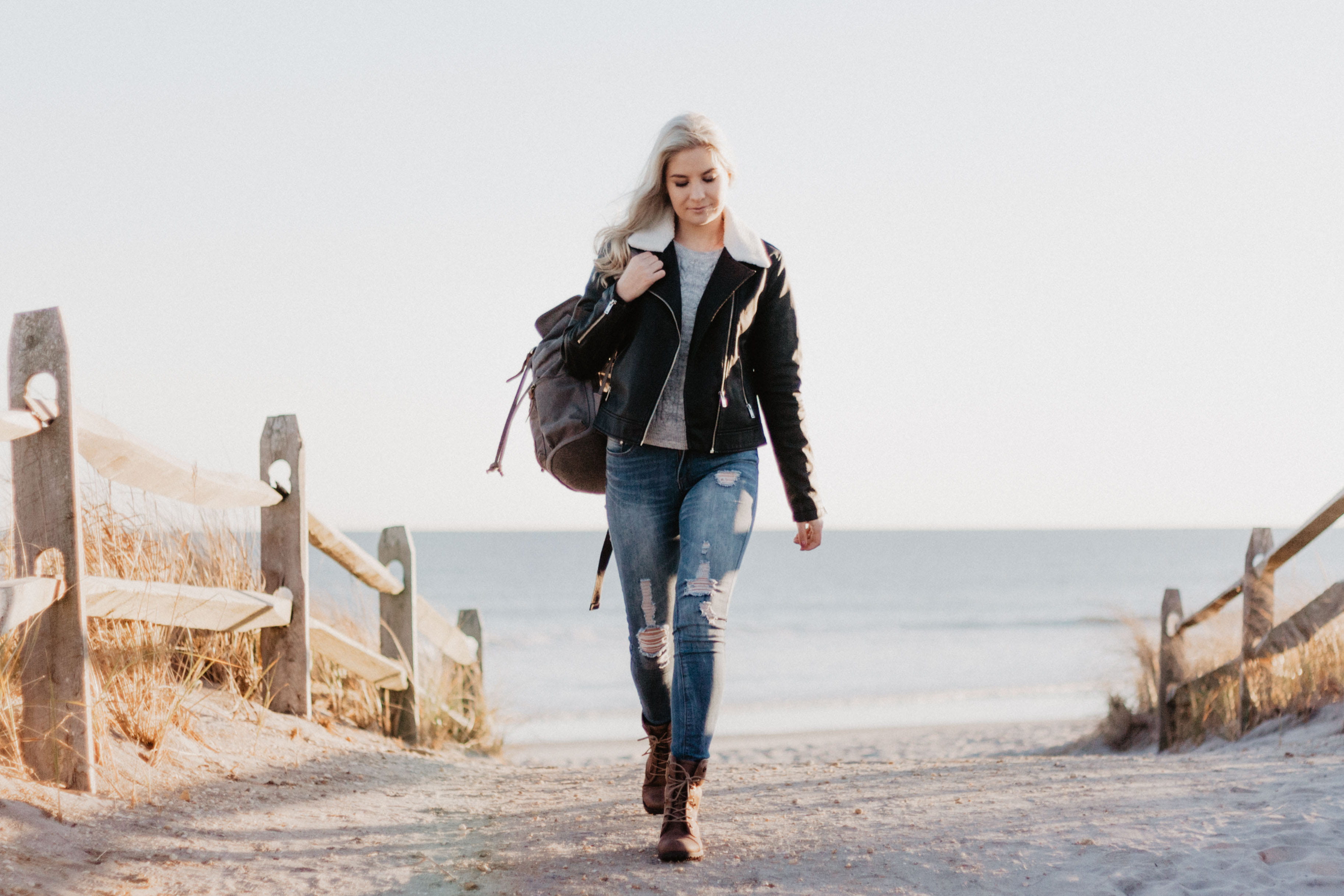 walking, hair, happiness, jeans, nature, zip, warm clothing, young adult, blonde hair, denim jeans, casual clothing, beautiful woman, 2K, black leather jacket, HD Wallpaper