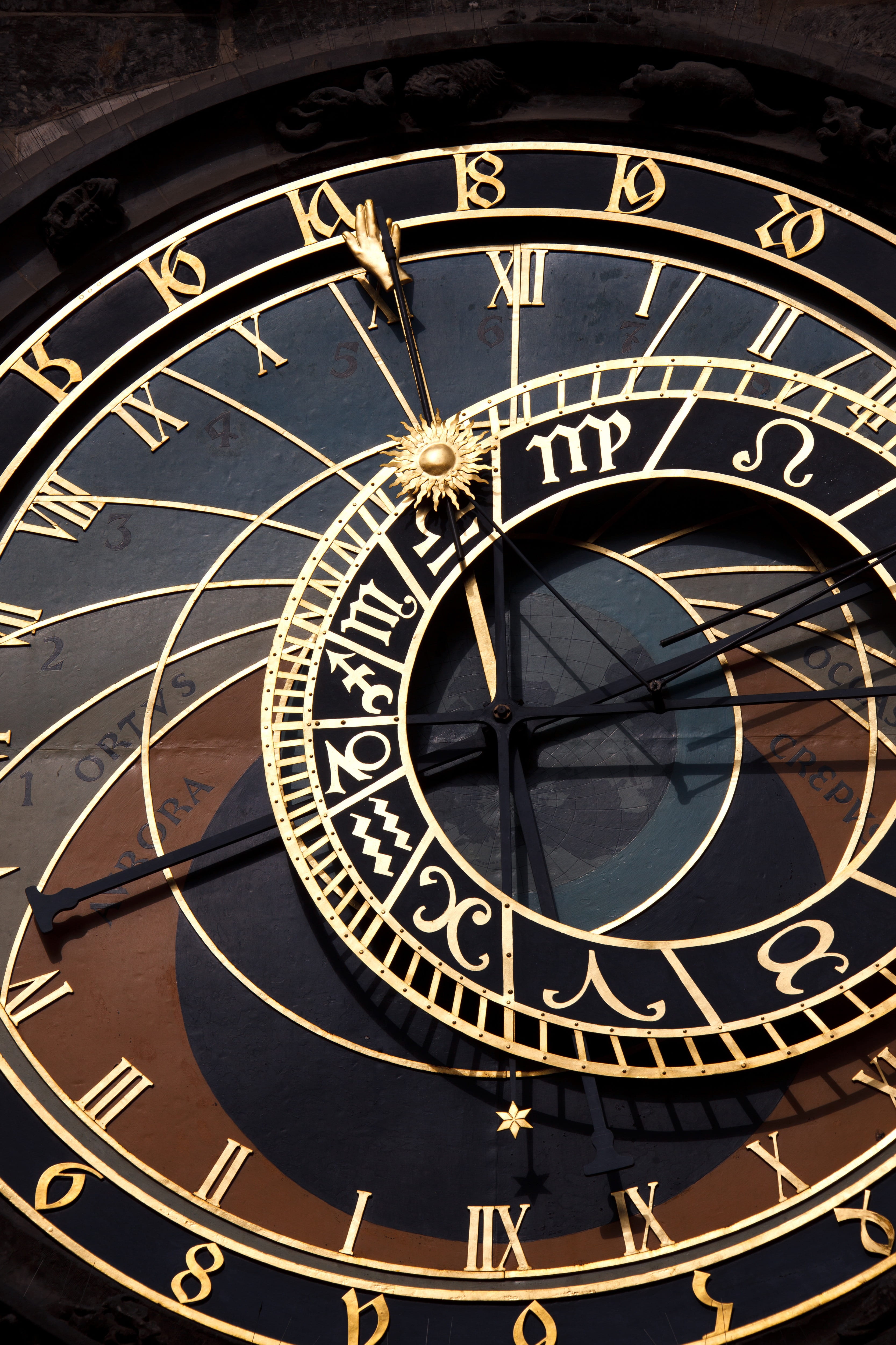low angle view, old, building exterior, analog, dial, 4K, europe, landmark, close-up, clock face, round, city, time, astronomy, medieval, minute hand, Phone HD Wallpaper