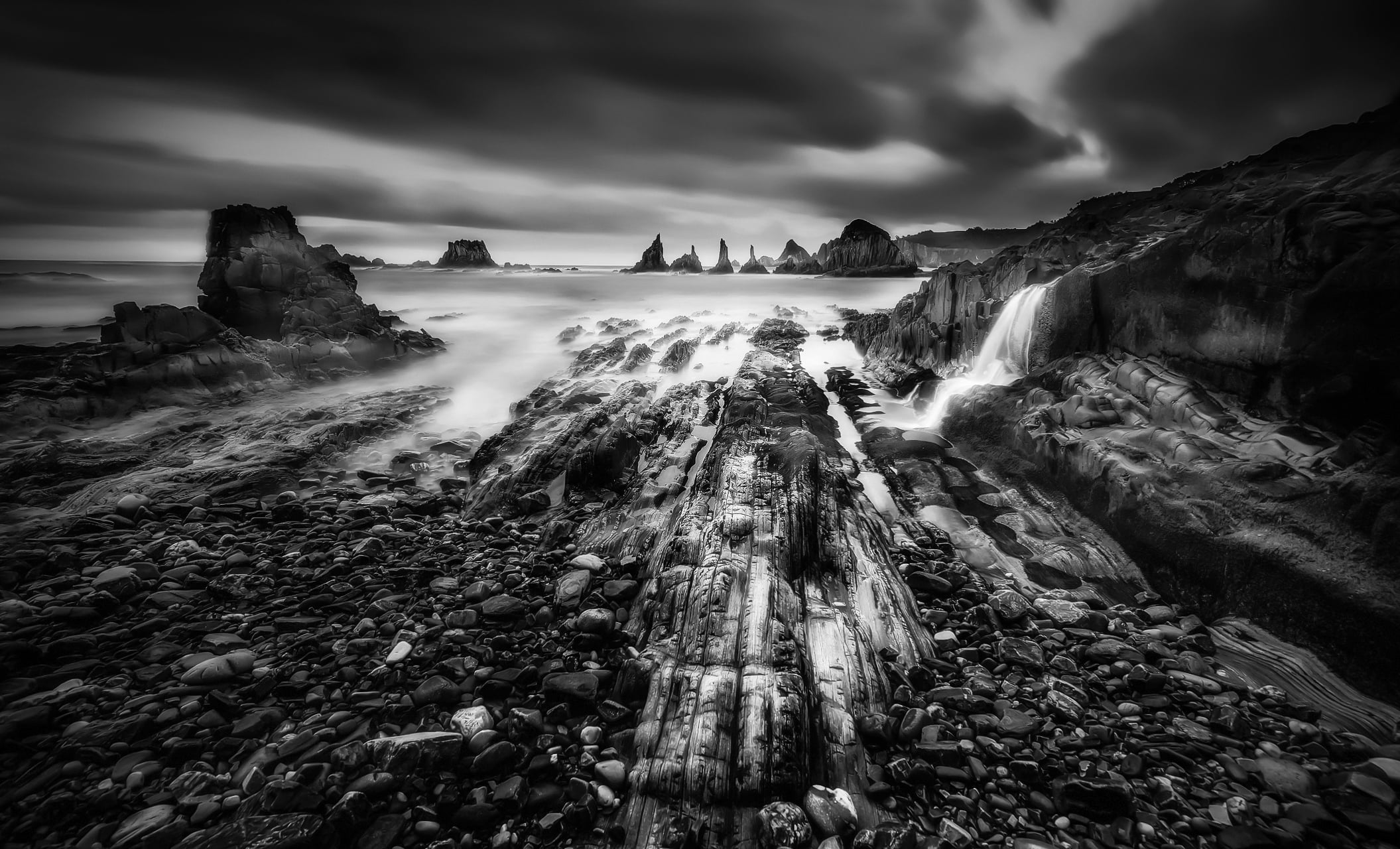 rock - Object, long exposure, photo, body, spain, sunrise, formation, blanco y negro, outdoors, scenics, sea, sunset, asturias, Dramatic, body of water, HD Wallpaper