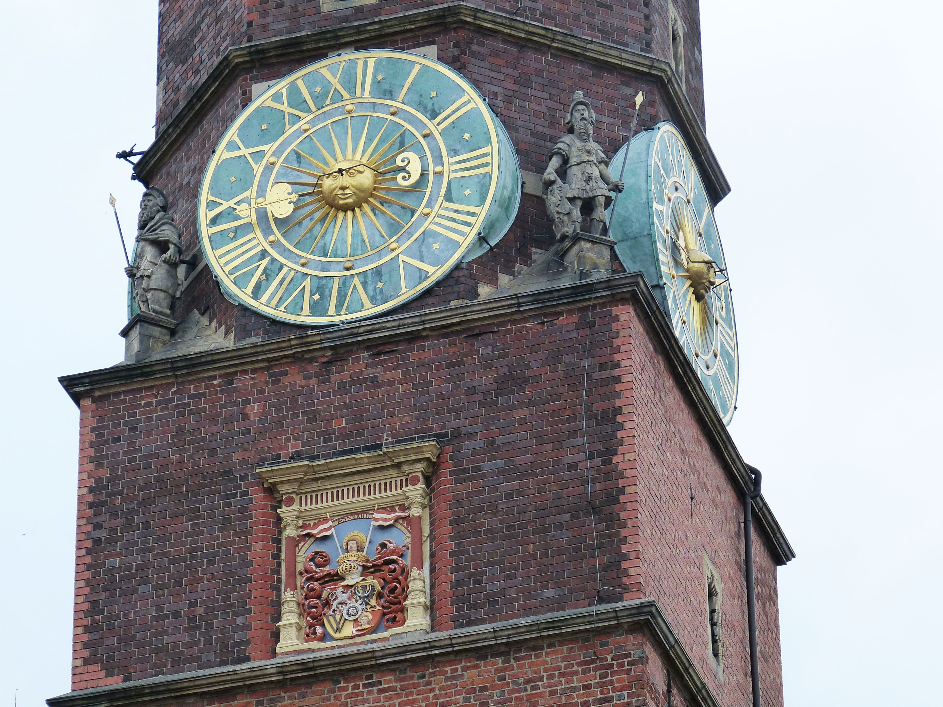 Tower, tourism, astronomical clock, 4K, astronomy, ornate, roman numeral, silesia, wroclaw, travel, pointer, Time, Clock, outdoors, Town, Tower, gold, HD Wallpaper