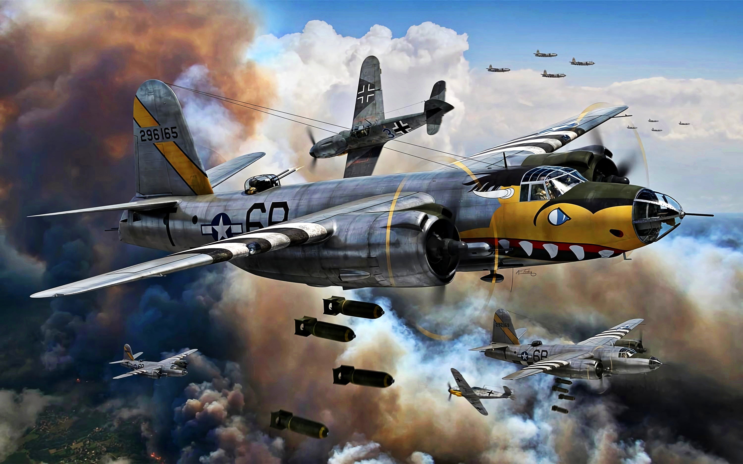 Bomb, band of invading, Bf-109, B-26B, Smoke, The second World war, Marauder, Air force, 2K, HD Wallpaper