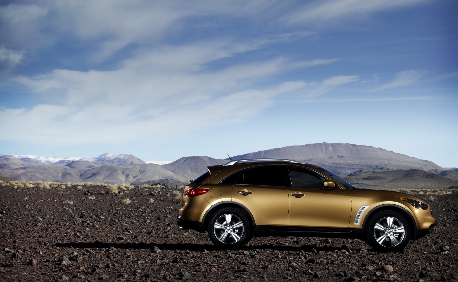 the sky, the dunes, Infinity FX35, 1080P, the gas tank, side, tinted, oranzhevaya, infiniti, shrub, drives, clouds, door, desert, shadow, sand, orange, HD Wallpaper