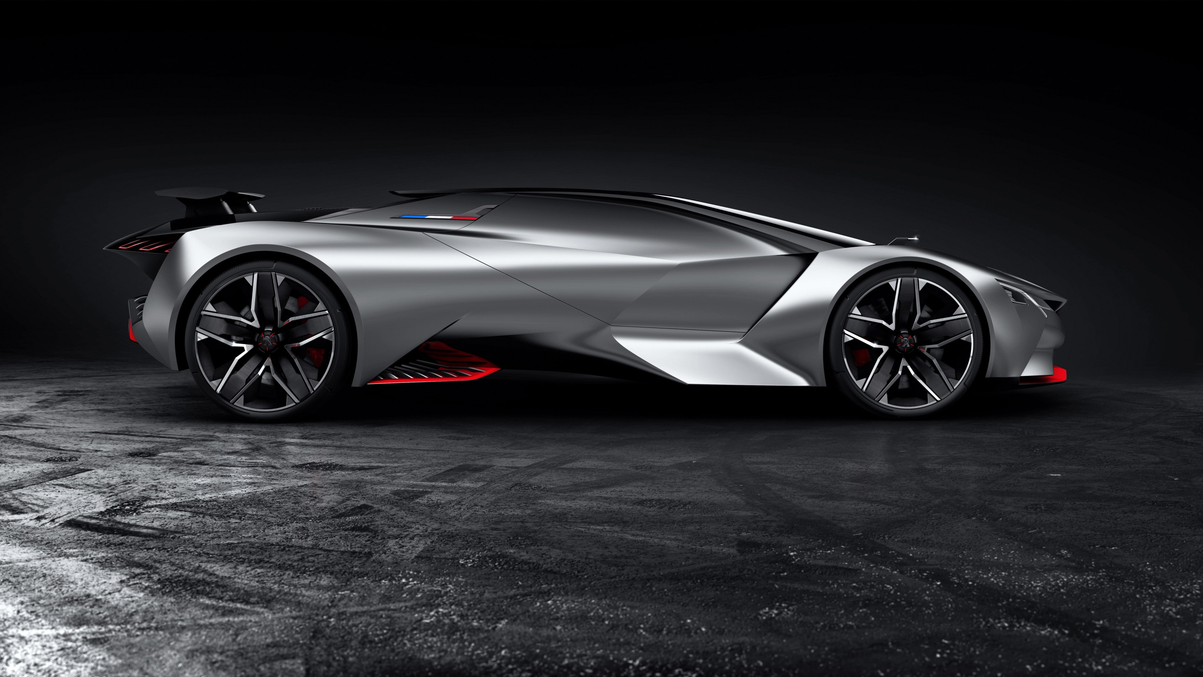 vehicle, motor vehicle, tire, racecar, wheel, transportation, indoors, sports car, silver colored, black background, shiny, PEUGEOT Vision Gran Turismo, HD Wallpaper