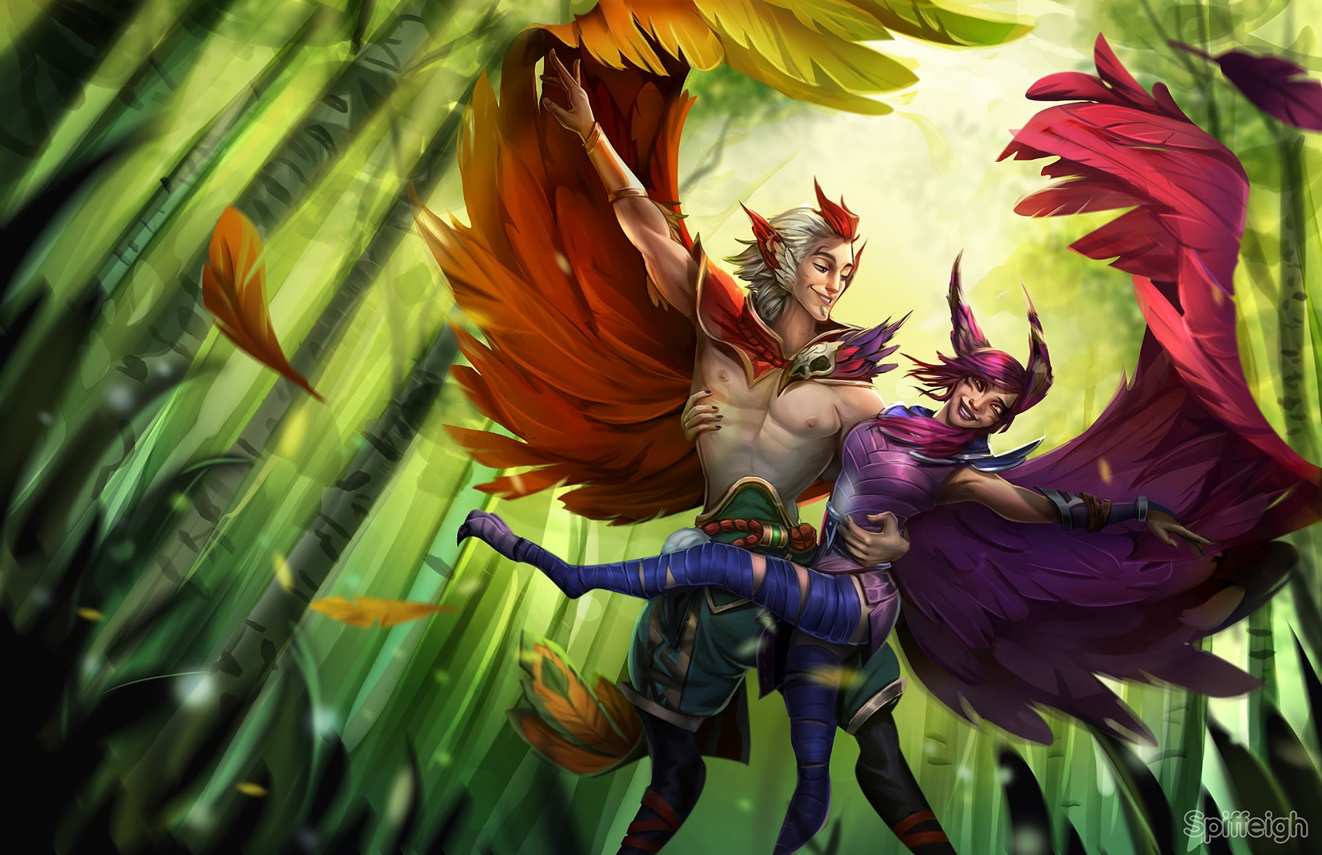 Xayah and Rahan, xayah, red, wings, day, 1080P, game, representation, vulnerability, plant part, league of legends, forest, orange, flowering plant, girl, HD Wallpaper
