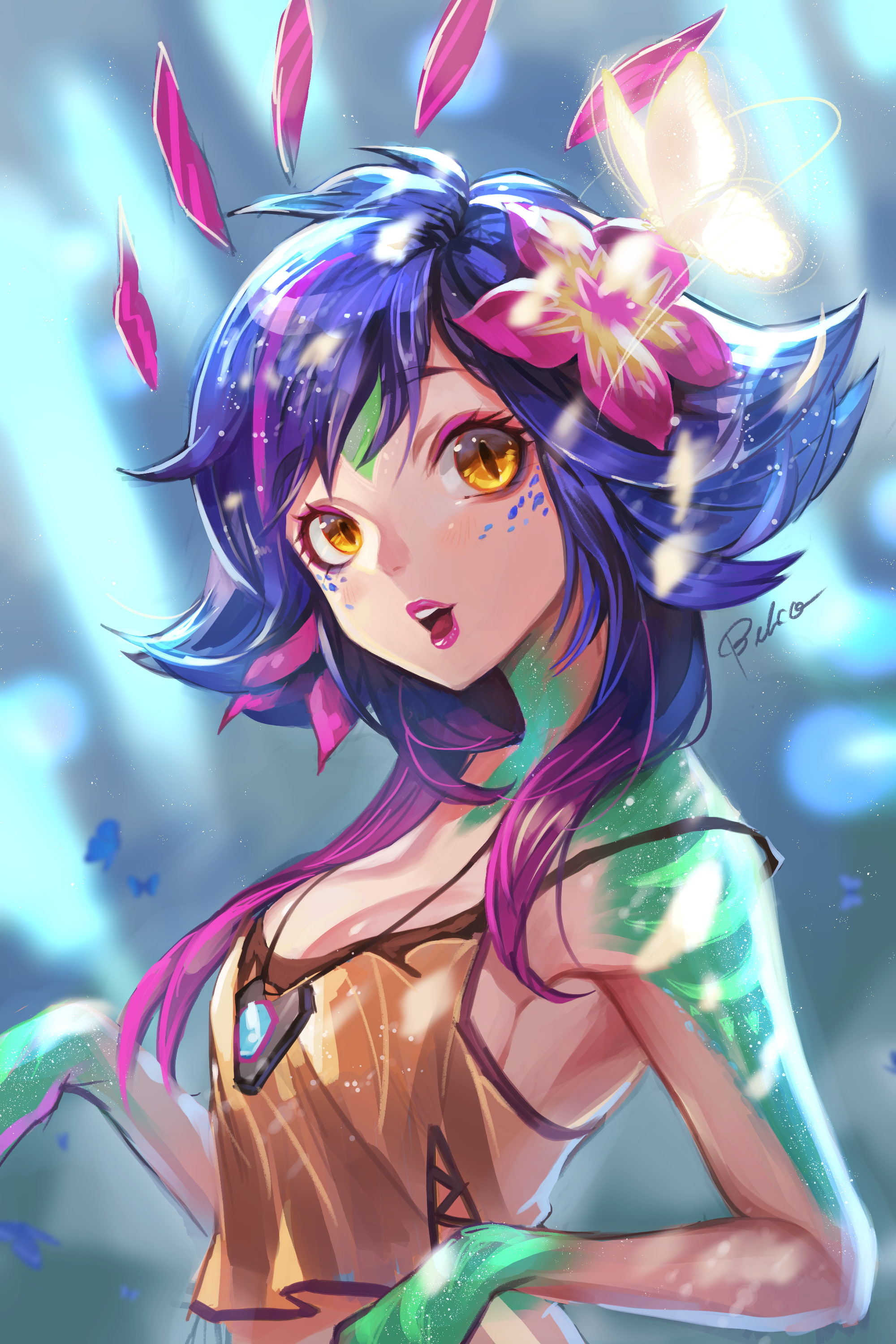 flower in hair, Neeko (League of Legends), blue hair, yellow eyes, anime girls, anime, 2K, Phone HD Wallpaper